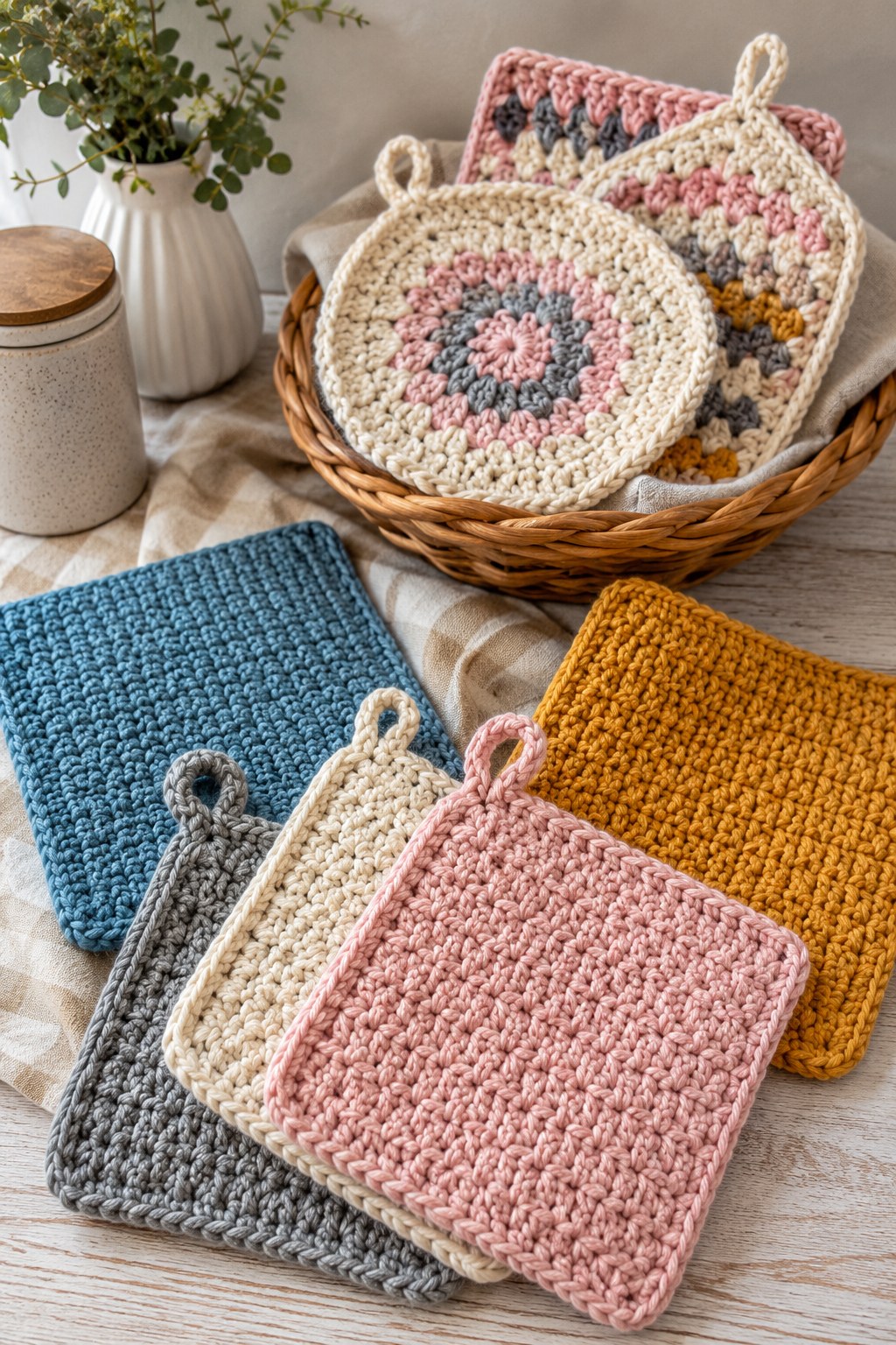 Bunte gehäkelte Topflappen im Korb zeigen ein praktisches Anfängerprojekt zum Häkeln lernen.