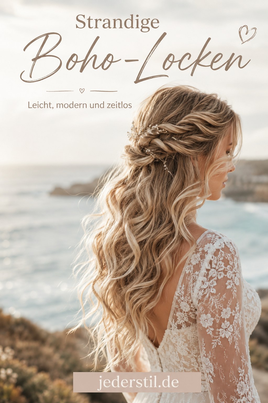 Strandige Boho-Locken mit seitlichem Flechtansatz vor Meereskulisse