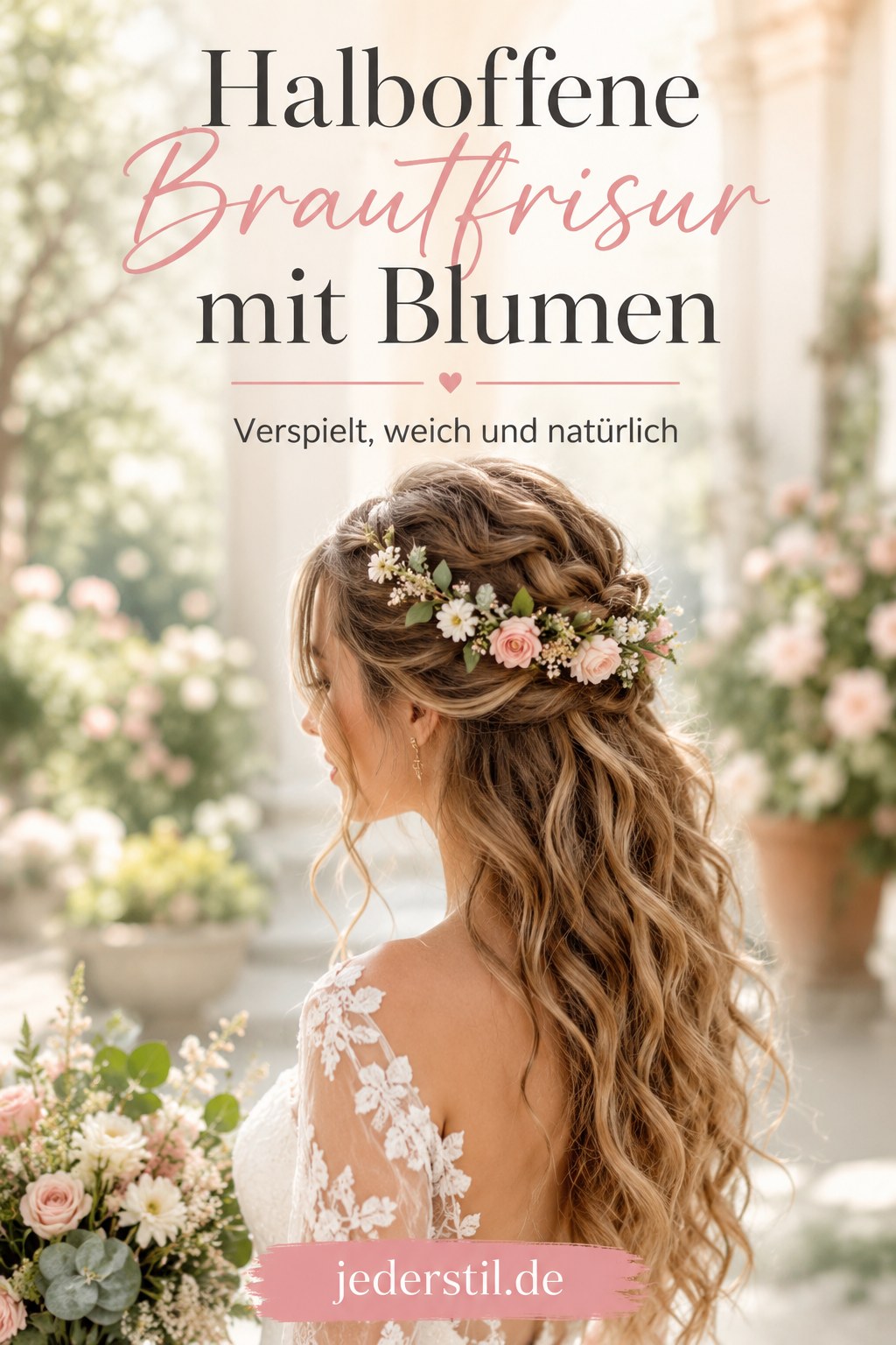 Halboffene Brautfrisur mit frischen Rosen und Blüten in einer Gartenkulisse