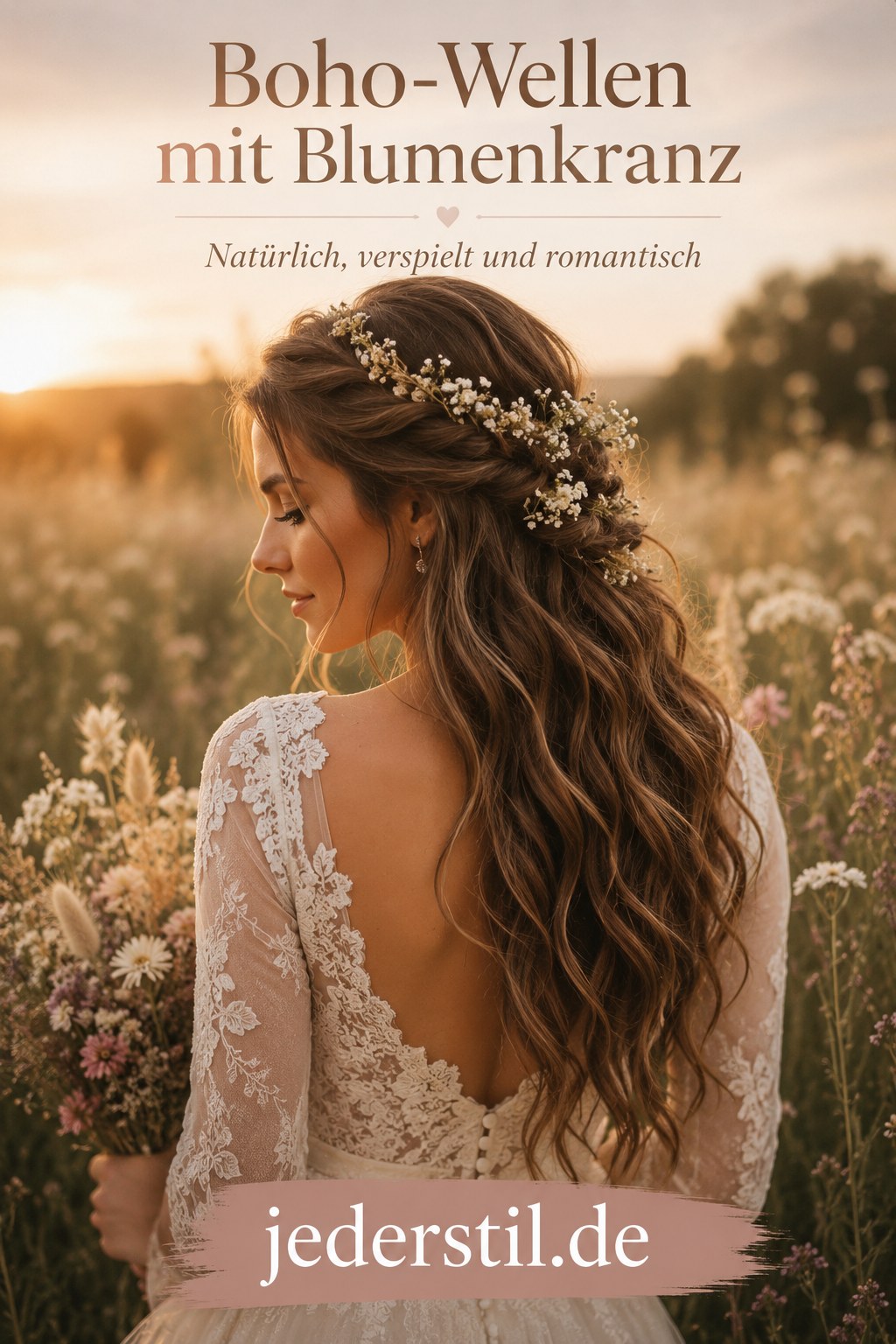 Boho-Wellen mit Blumenkranz auf offenem Haar bei einer Feldhochzeit im Sonnenuntergang