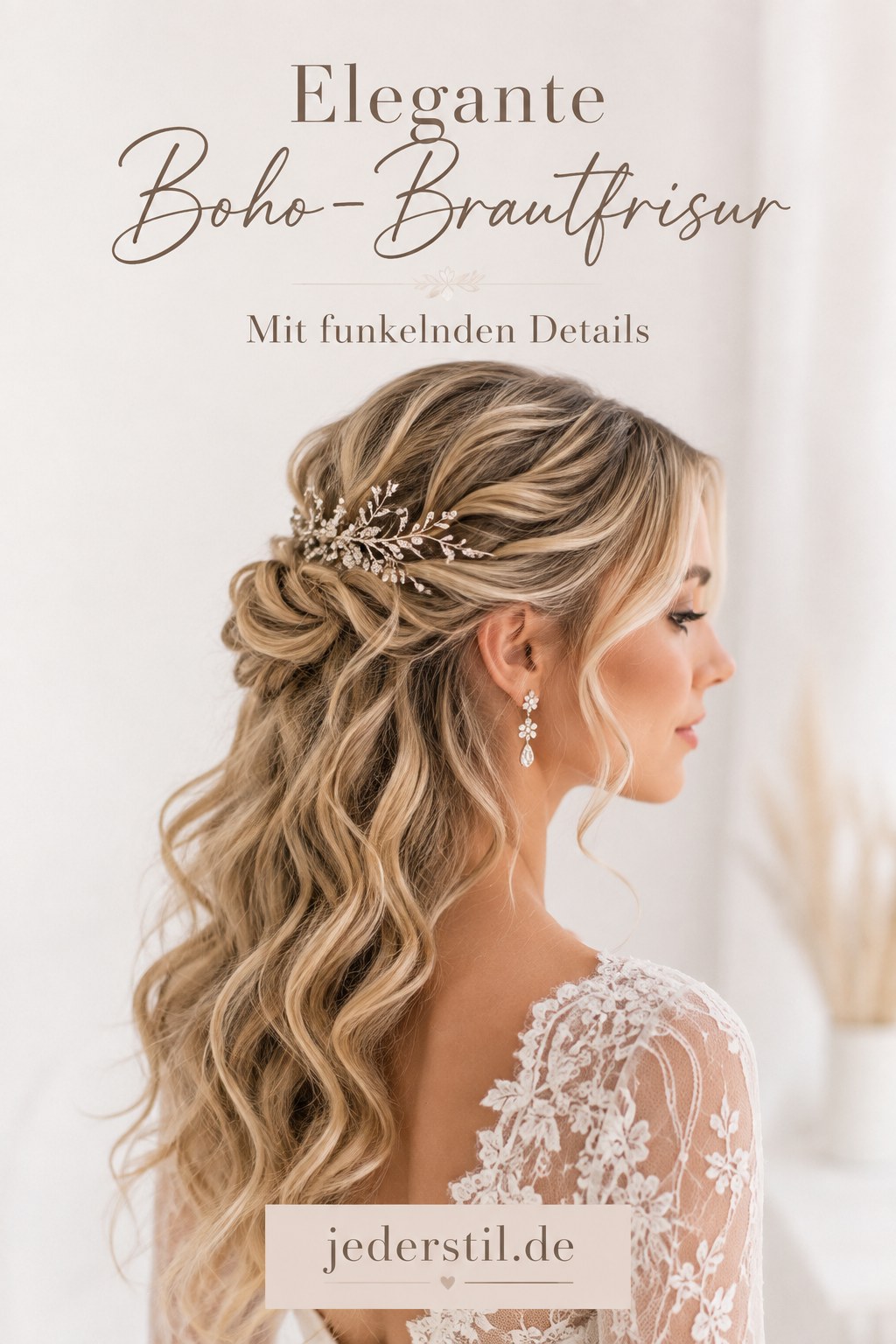 Elegante halboffene Boho-Brautfrisur mit funkelnder Stecknadel in blondem Haar