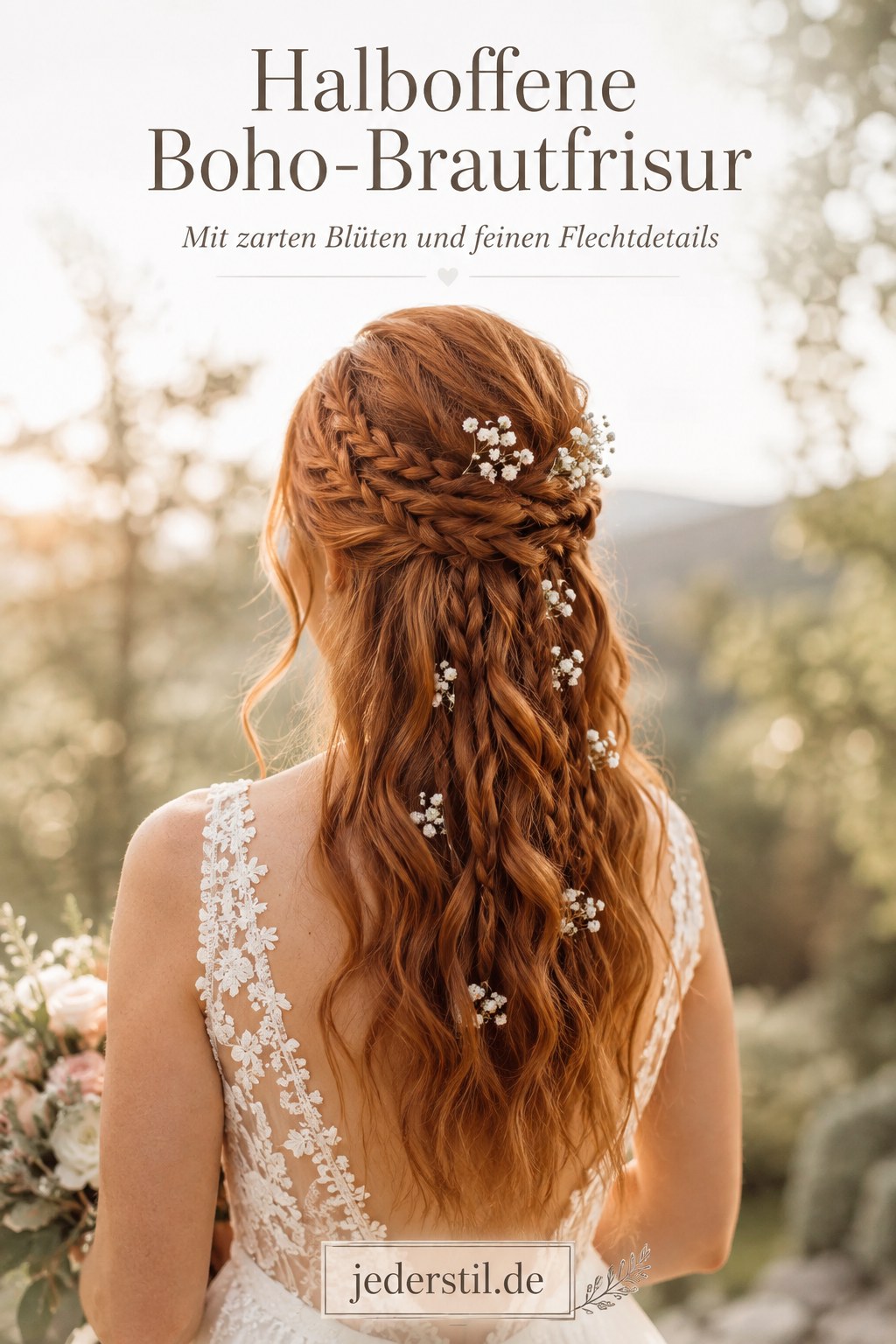 Halboffene Boho-Brautfrisur mit feinen Flechtdetails und Schleierkraut in rotem Haar