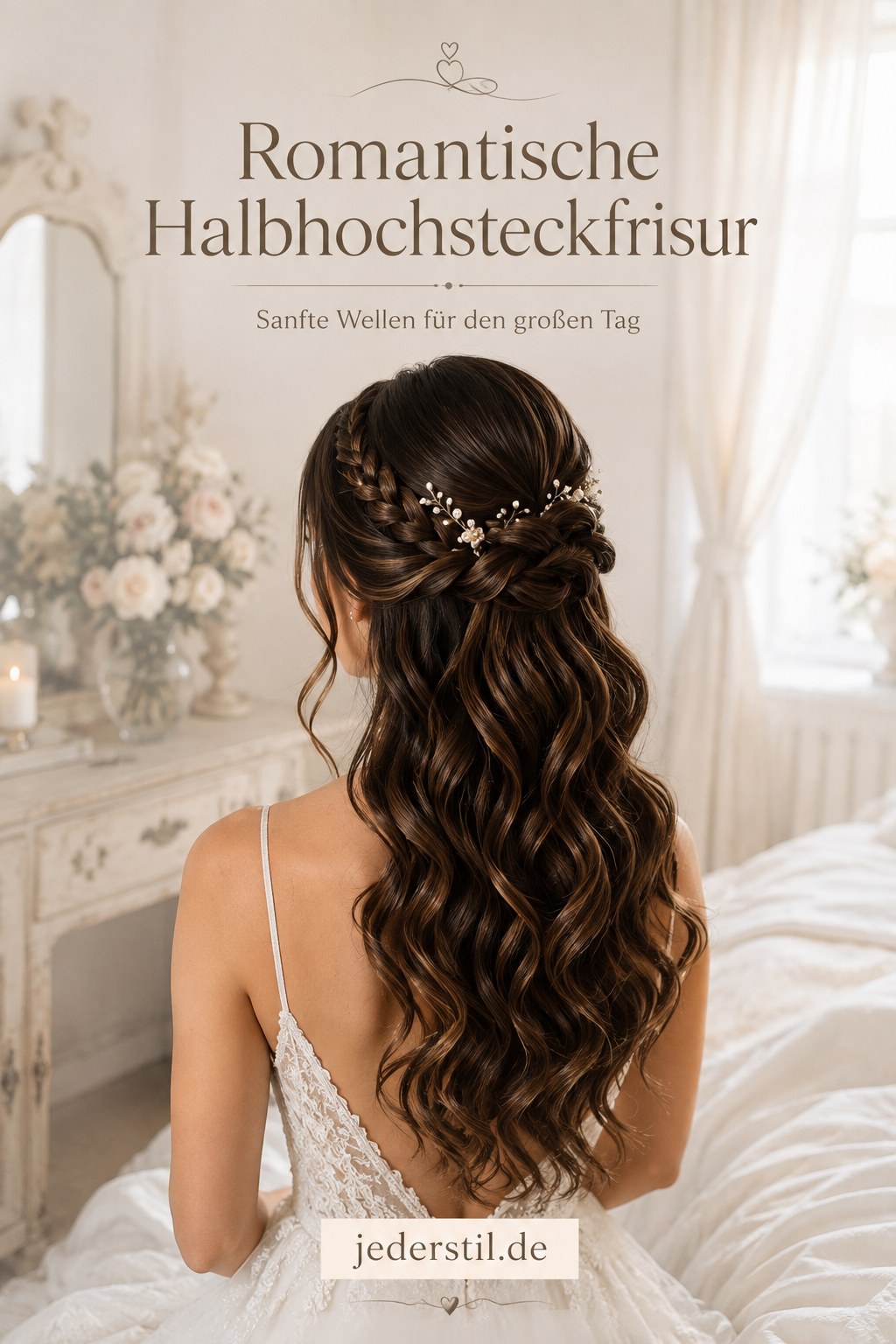 Romantische Boho-Halbhochsteckfrisur mit Flechtkrone und sanften Wellen in dunklem Haar