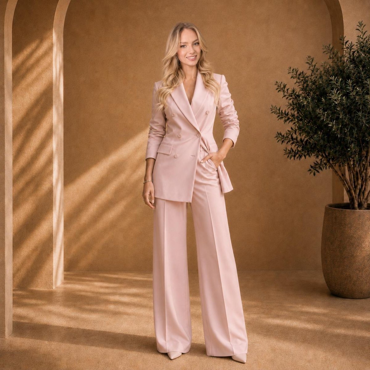 Moderner rosafarbener Damen-Hosenanzug als festliches Hochzeitsoutfit