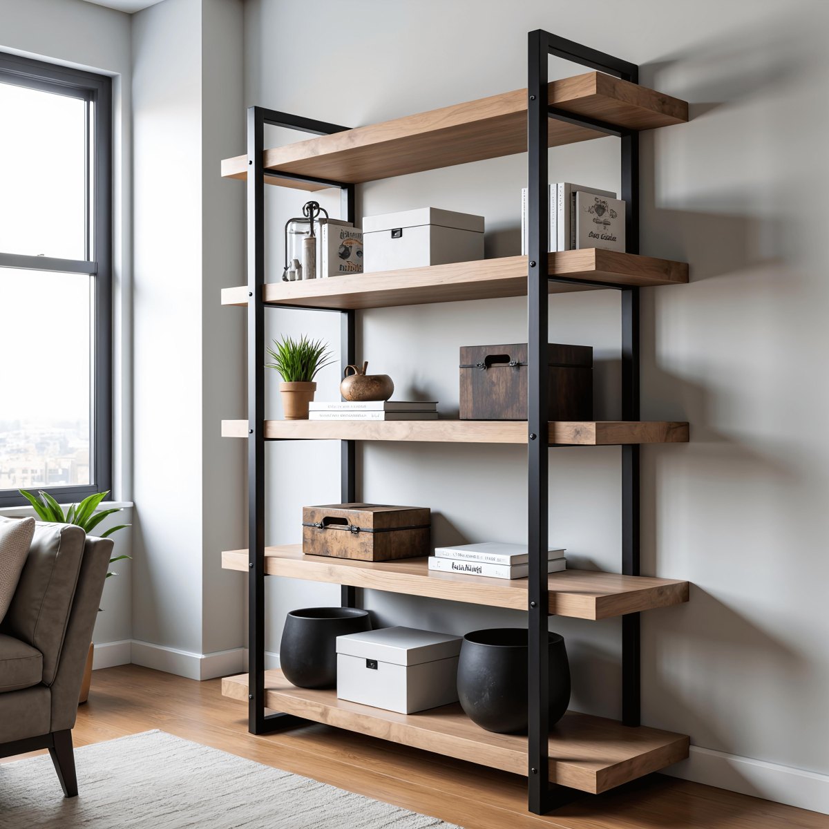 Industrielles Holzregal mit Metallrahmen