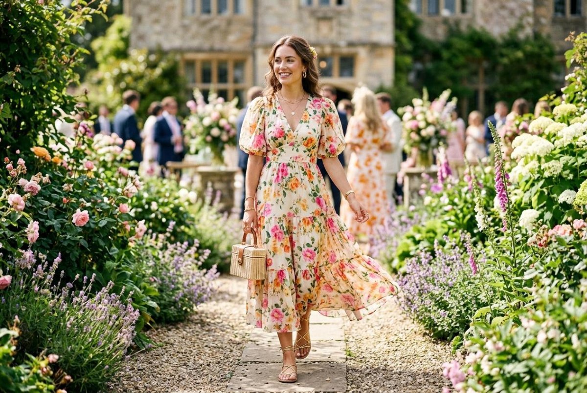 Florales Midikleid mit eleganten Sandalen für eine Gartenhochzeit