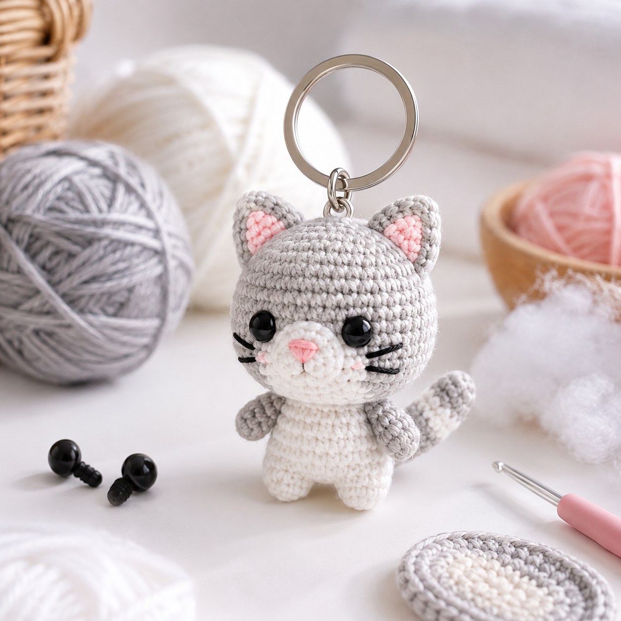 Eine graue Häkelkatze als Schlüsselanhänger liegt zwischen Garnresten und Sicherheitsaugen fürs Mini Katzen häkeln