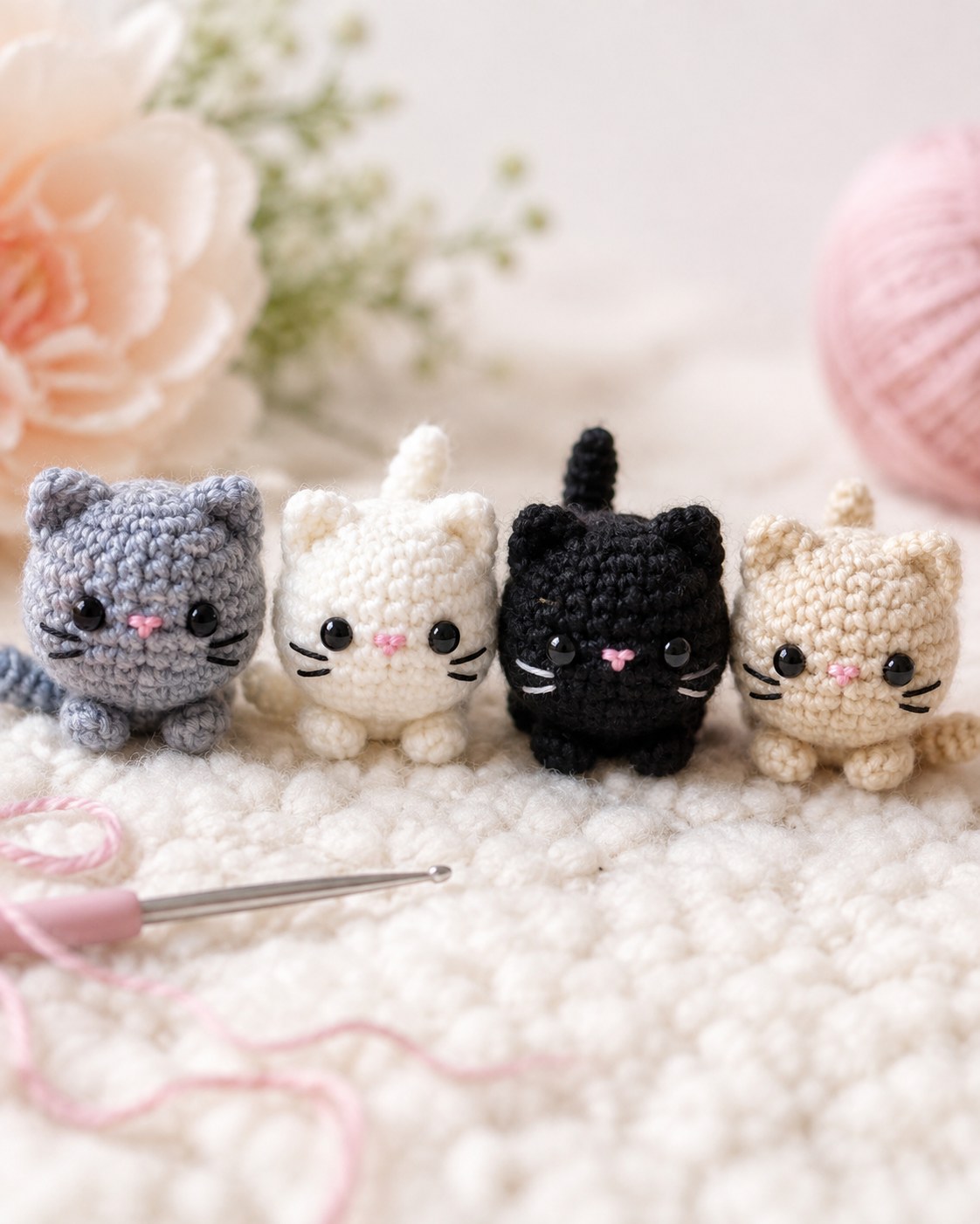Vier sitzende Mini-Katzen in Grau, Weiß, Schwarz und Creme bilden ein Quartett zum Mini Katzen häkeln