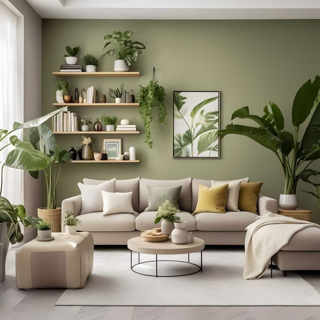 Grüne Wohnzimmer Wand mit Pflanzen