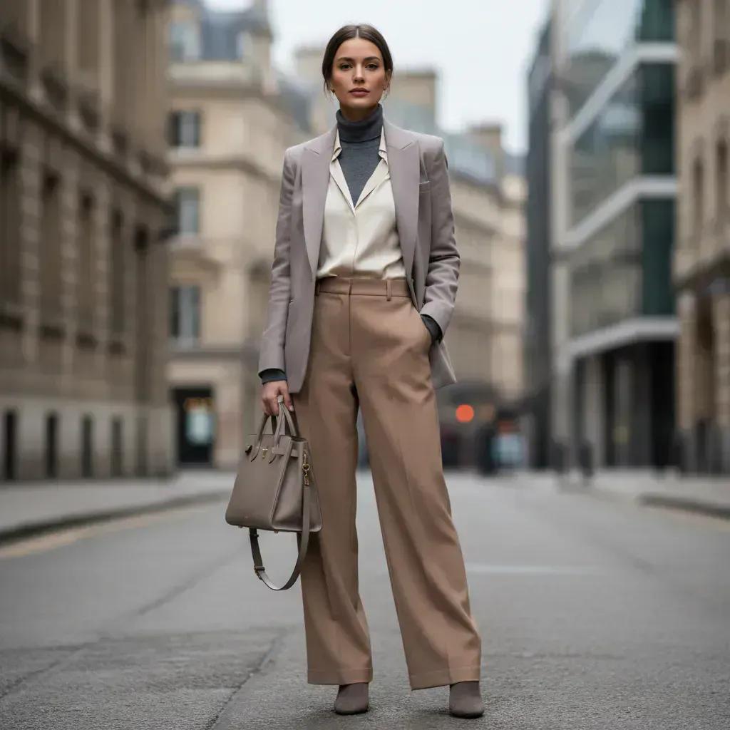 Minimalistisches Outfit mit schwarzer Hose, weißem Oberteil und beigem Mantel