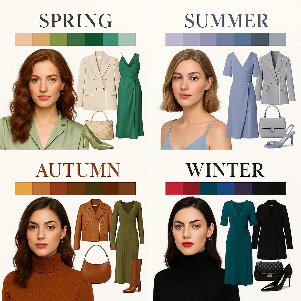 Vier saisonale Outfits mit Pastellfarben, Sommerblau, Erdtönen und Winterfarben