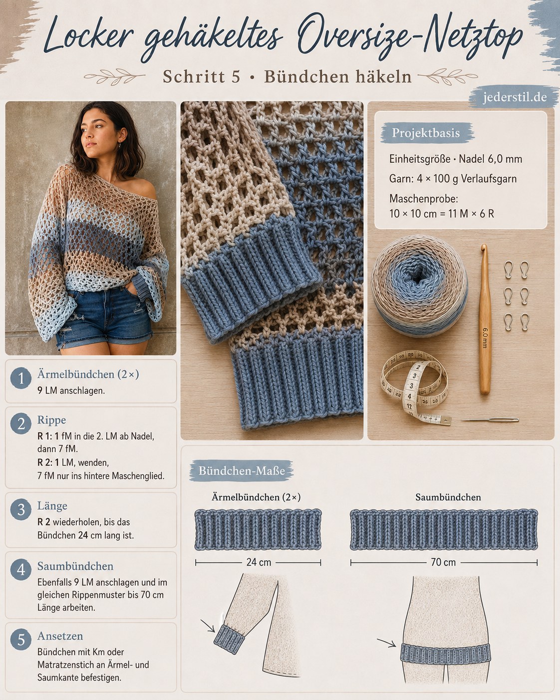 Fertige Rippenbündchen für Ärmel und Saum beim oversized Mesh Top häkeln nebeneinander