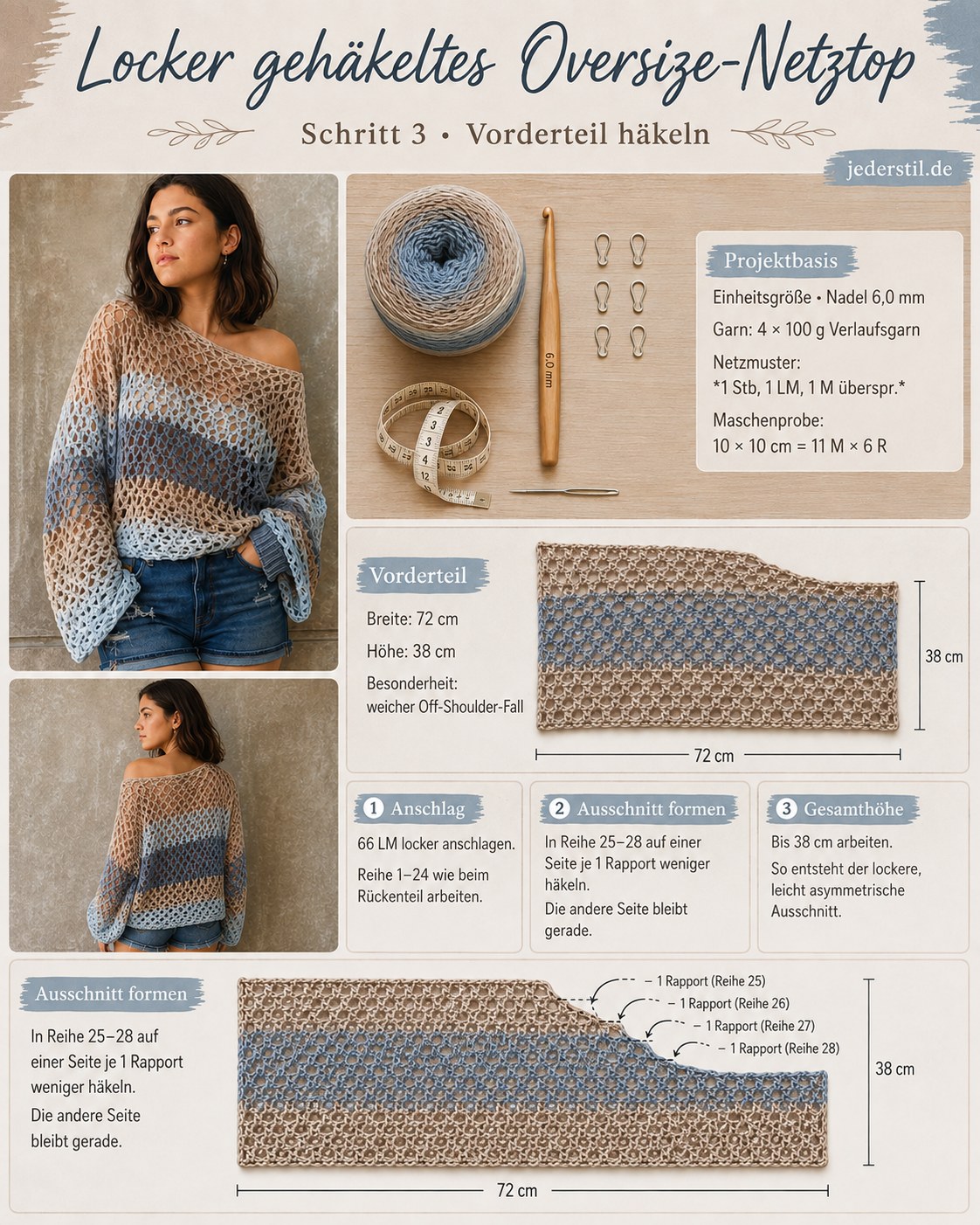 Vorderteil mit asymmetrischem Ausschnitt beim oversized Mesh Top häkeln nebeneinander gelegt