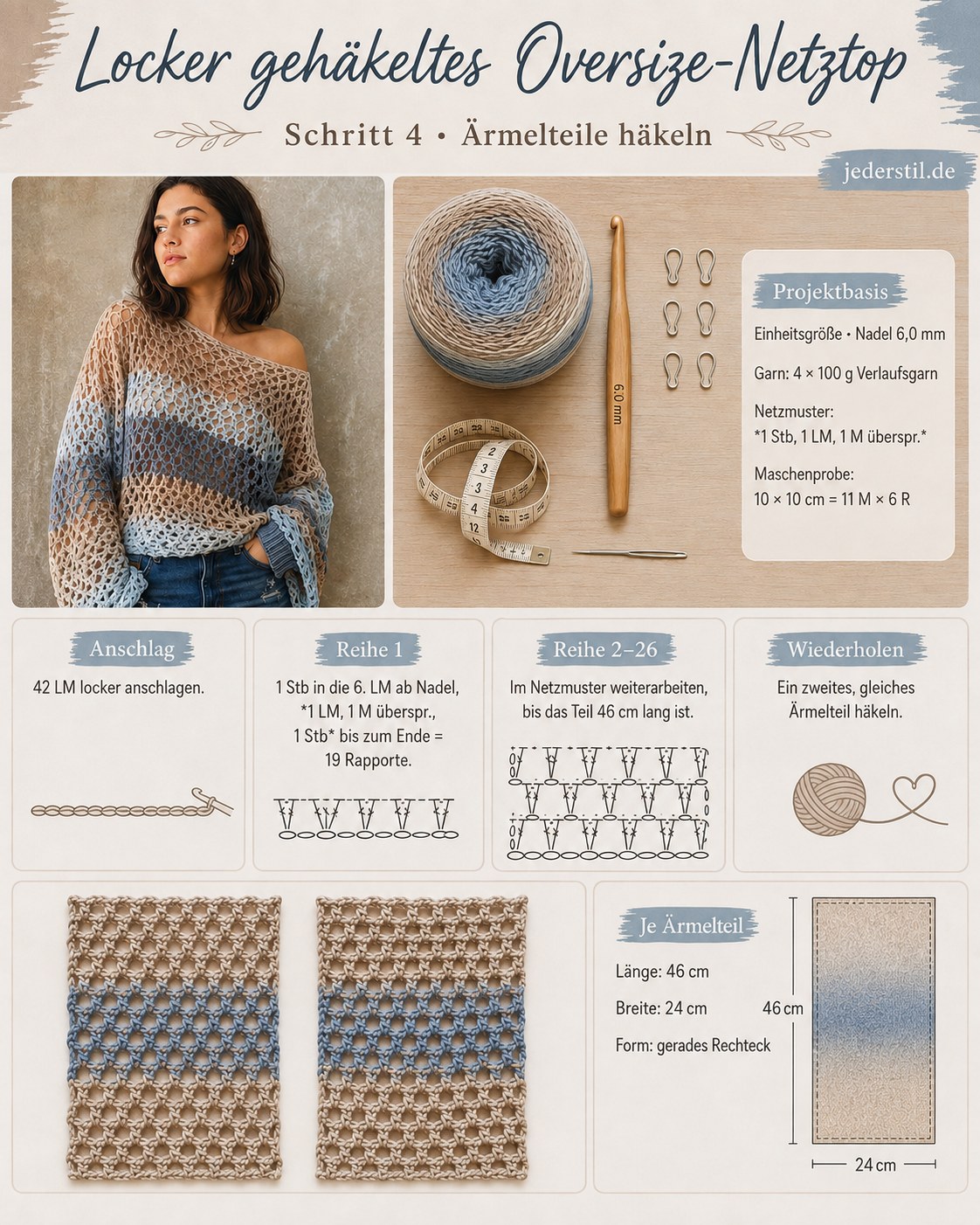 Zwei identische Ärmelteile für das oversized Mesh Top häkeln flach ausgebreitet zum Vergleich
