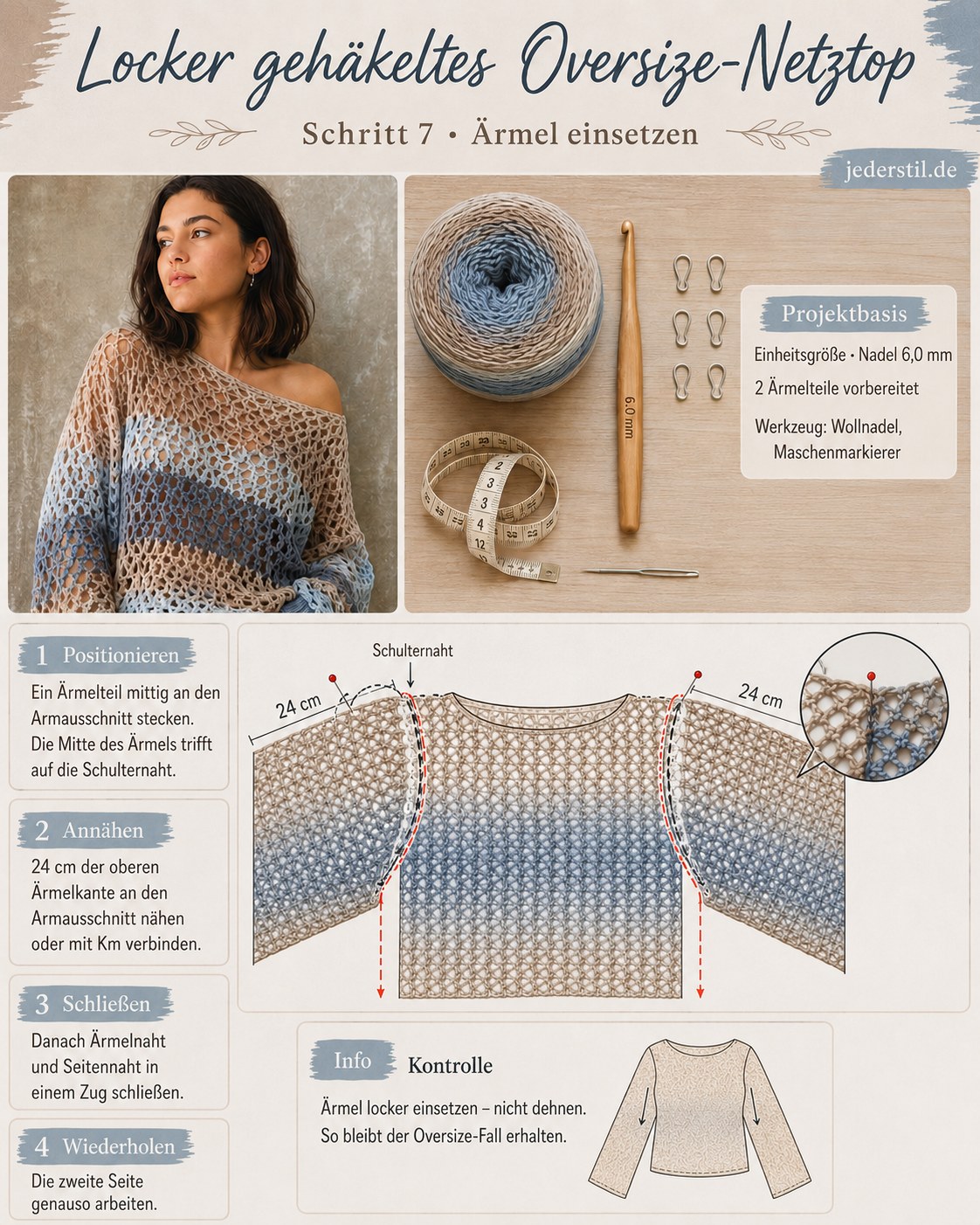 Ärmel wird beim oversized Mesh Top häkeln mittig an den Armausschnitt angesteckt und angenäht