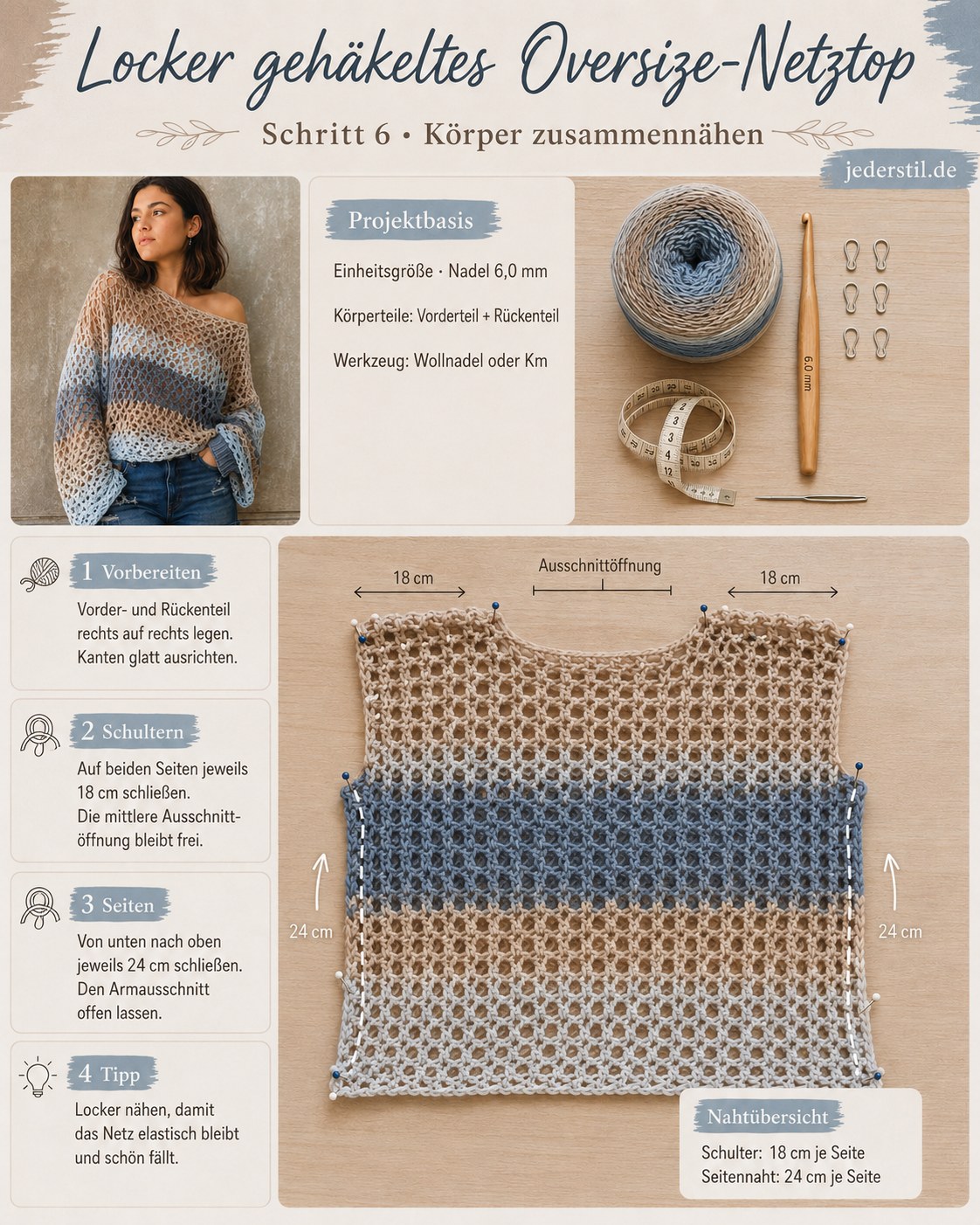 Vorder- und Rückenteil beim oversized Mesh Top häkeln rechts auf rechts zum Zusammennähen gesteckt
