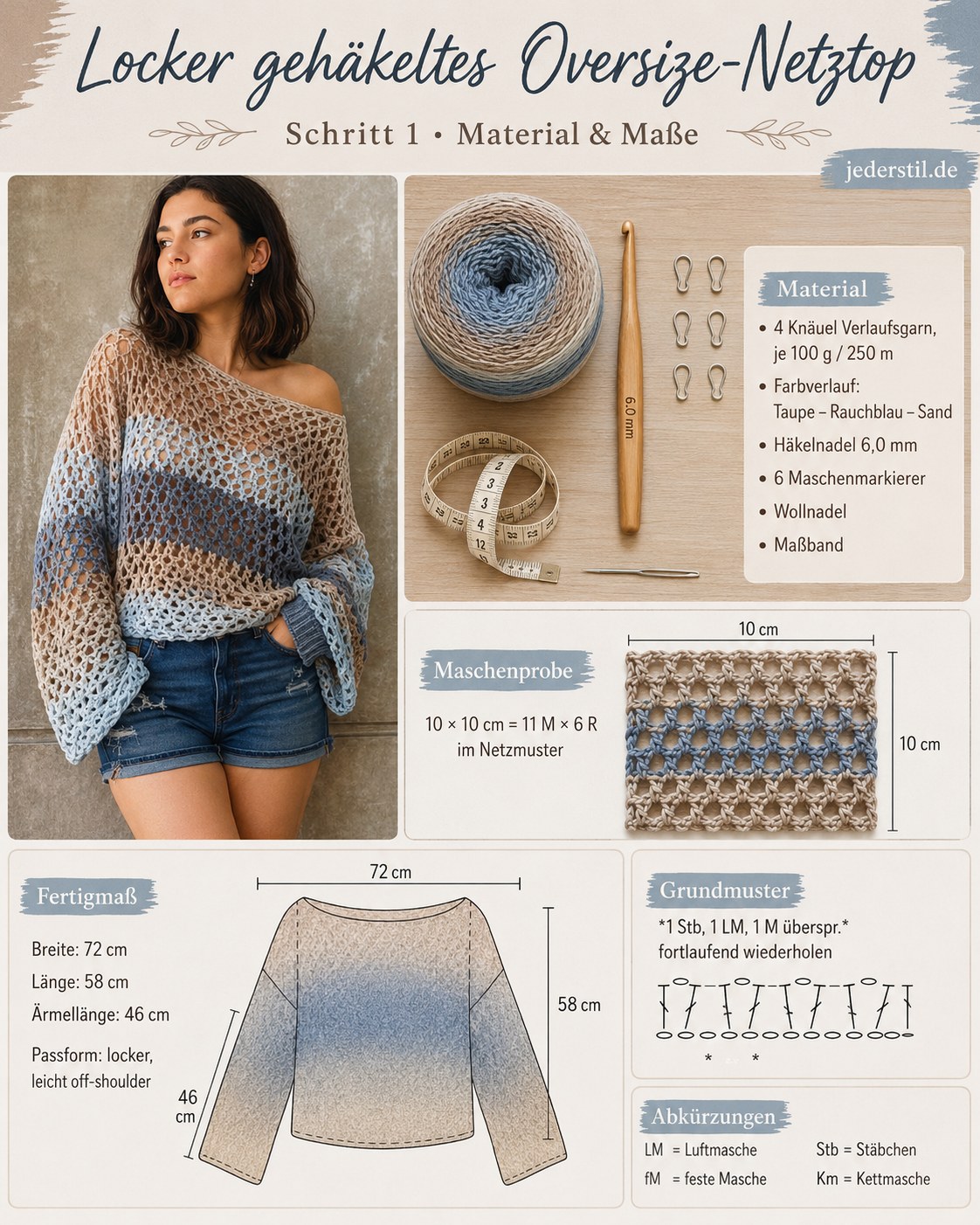 Material und Maße für das oversized Mesh Top häkeln mit Verlaufsgarn und 6,0-mm-Nadel