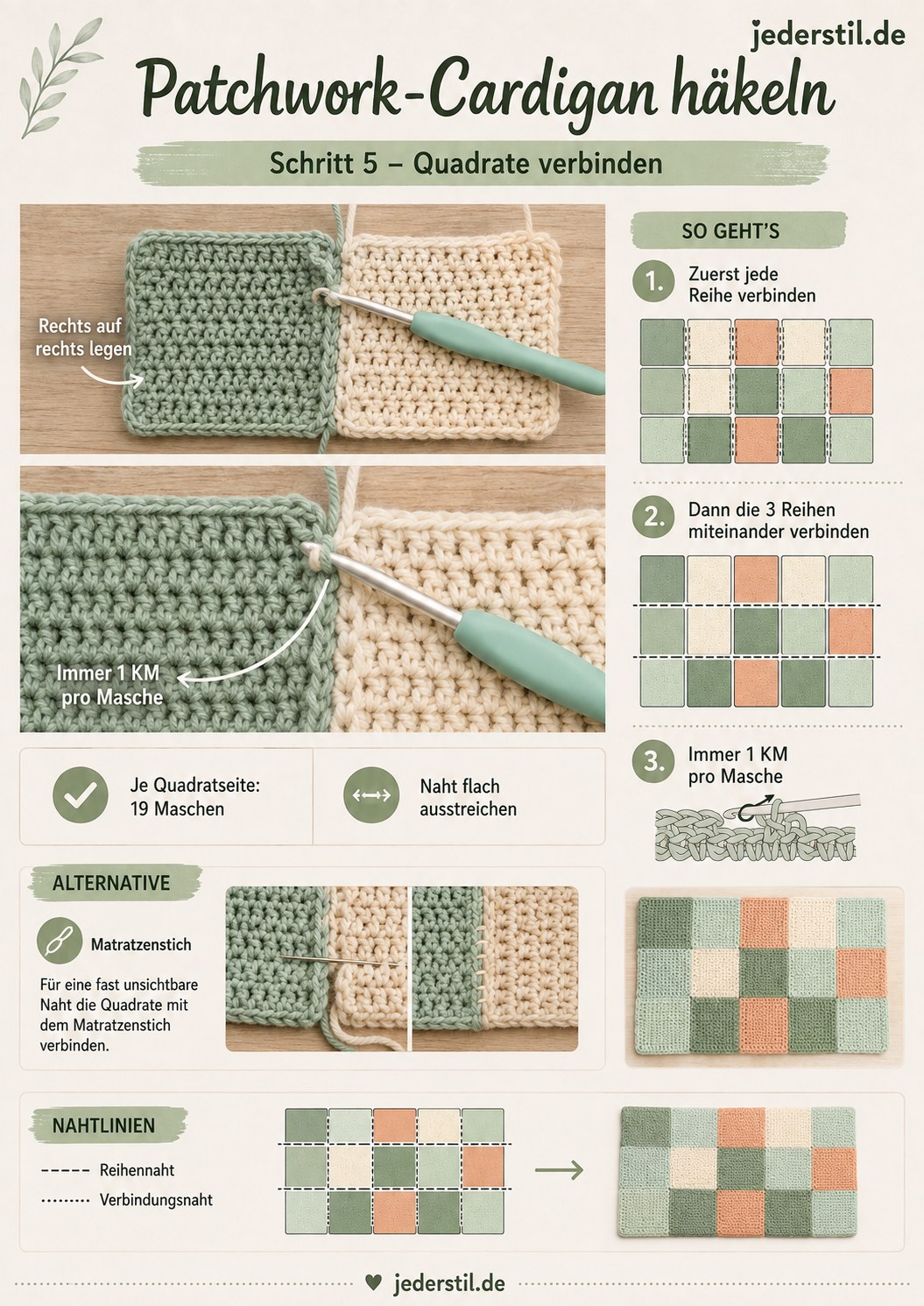 Zwei Quadrate werden mit Kettmaschen verbunden beim Patchwork-Cardigan häkeln