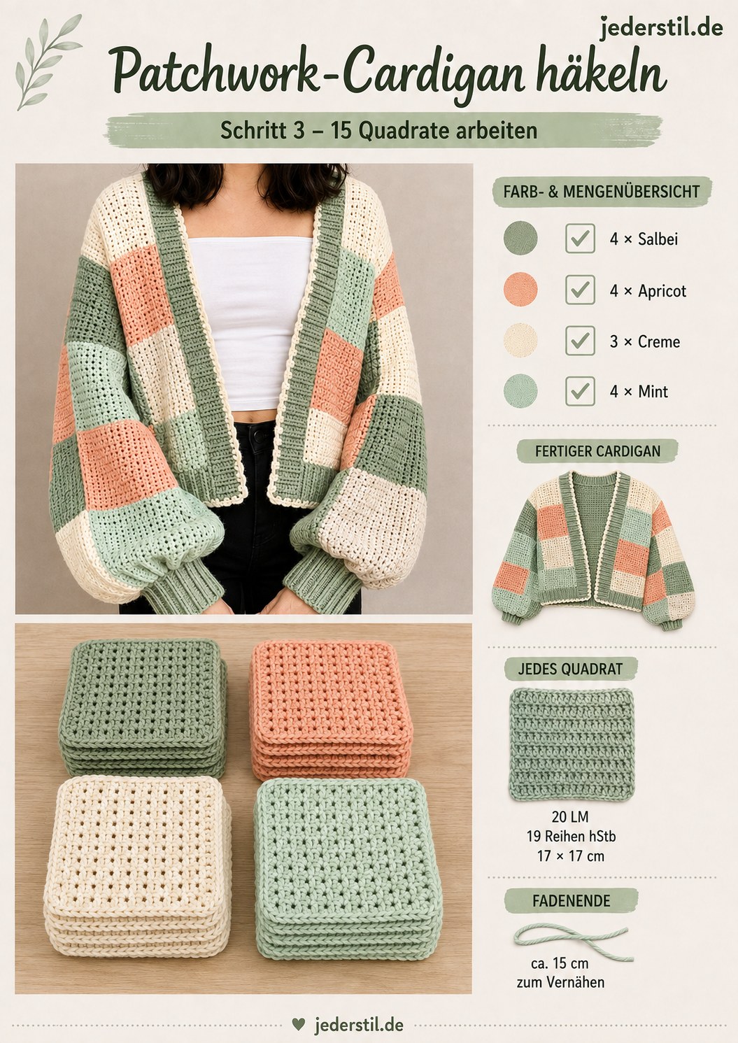 Fünfzehn fertige Quadrate in vier Farben gestapelt für den Patchwork-Cardigan aus Quadraten