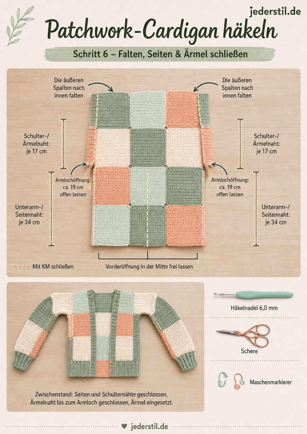 Gefalteter Patchwork-Cardigan mit geschlossenen Seiten- und Ärmelnähten vor dem Fertigstellen