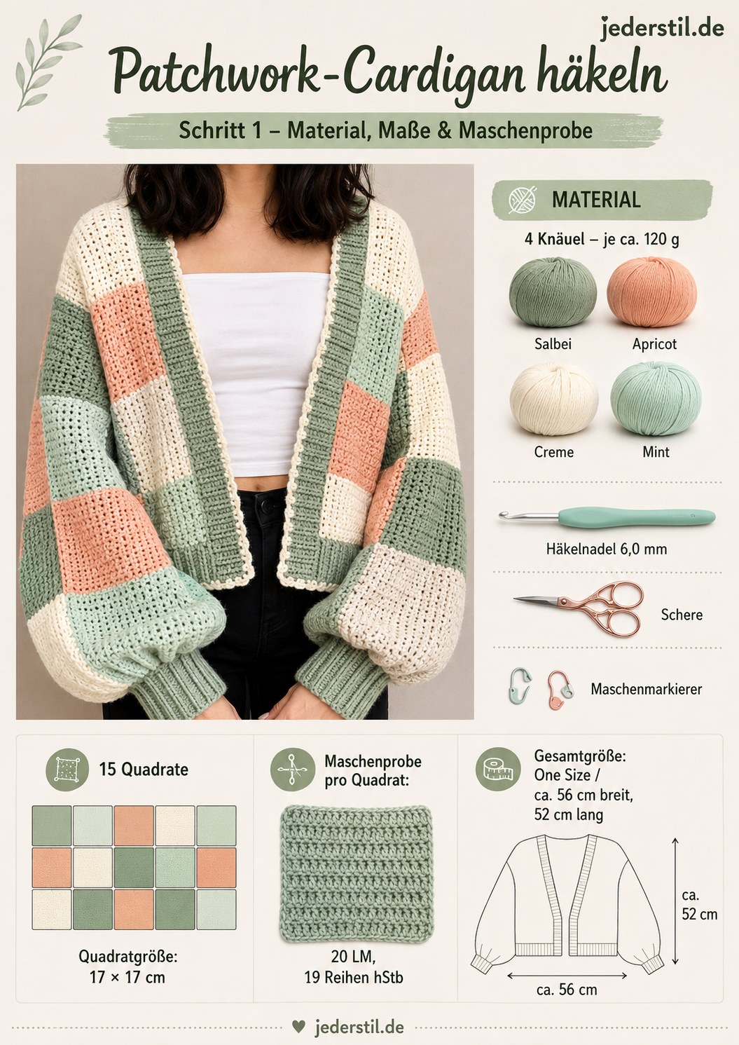 Material, Maße und Maschenprobe für den Patchwork-Cardigan häkeln in Salbei, Apricot, Creme und Mint
