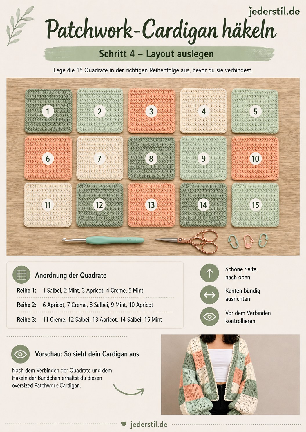 Layout der 15 Quadrate für den Patchwork-Cardigan häkeln in drei Reihen ausgelegt
