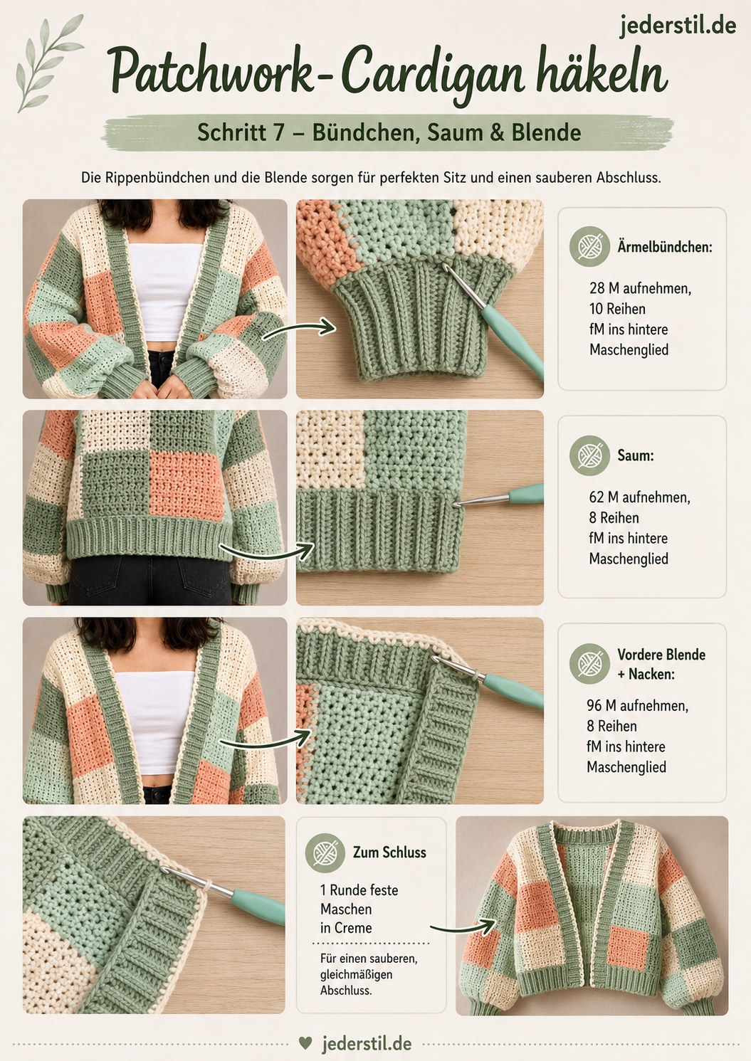 Ärmelbündchen, Saum und vordere Blende geben dem Patchwork-Cardigan den letzten Schliff