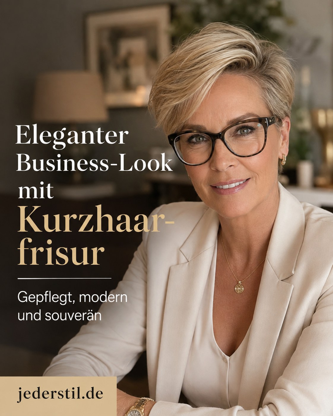 Eleganter Business-Look mit Kurzhaarfrisur zeigt Volumen als Stilmittel bei Frisuren ab 50