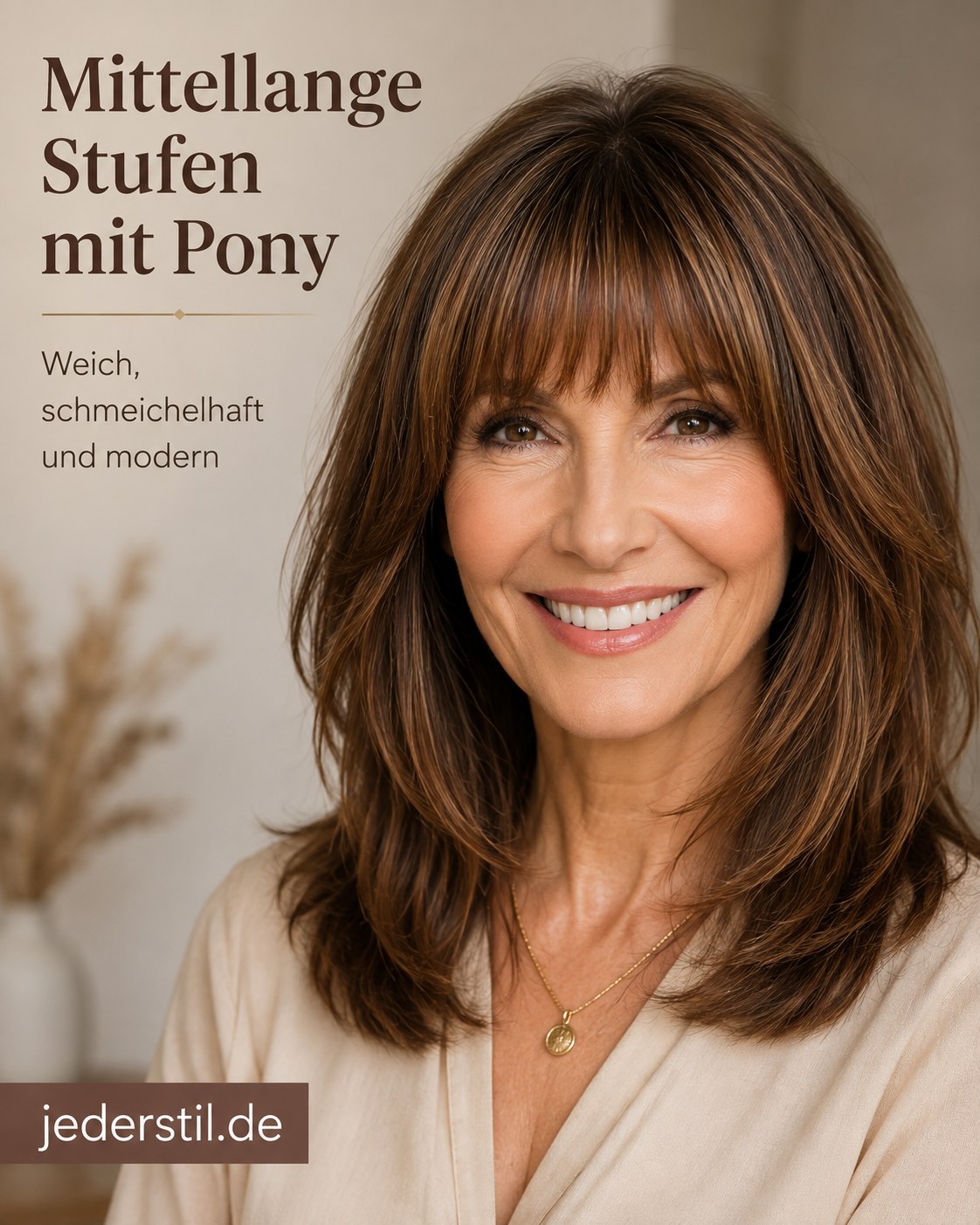 Mittellange Stufen mit weichem Pony wirken schmeichelhaft unter den Frisuren ab 50