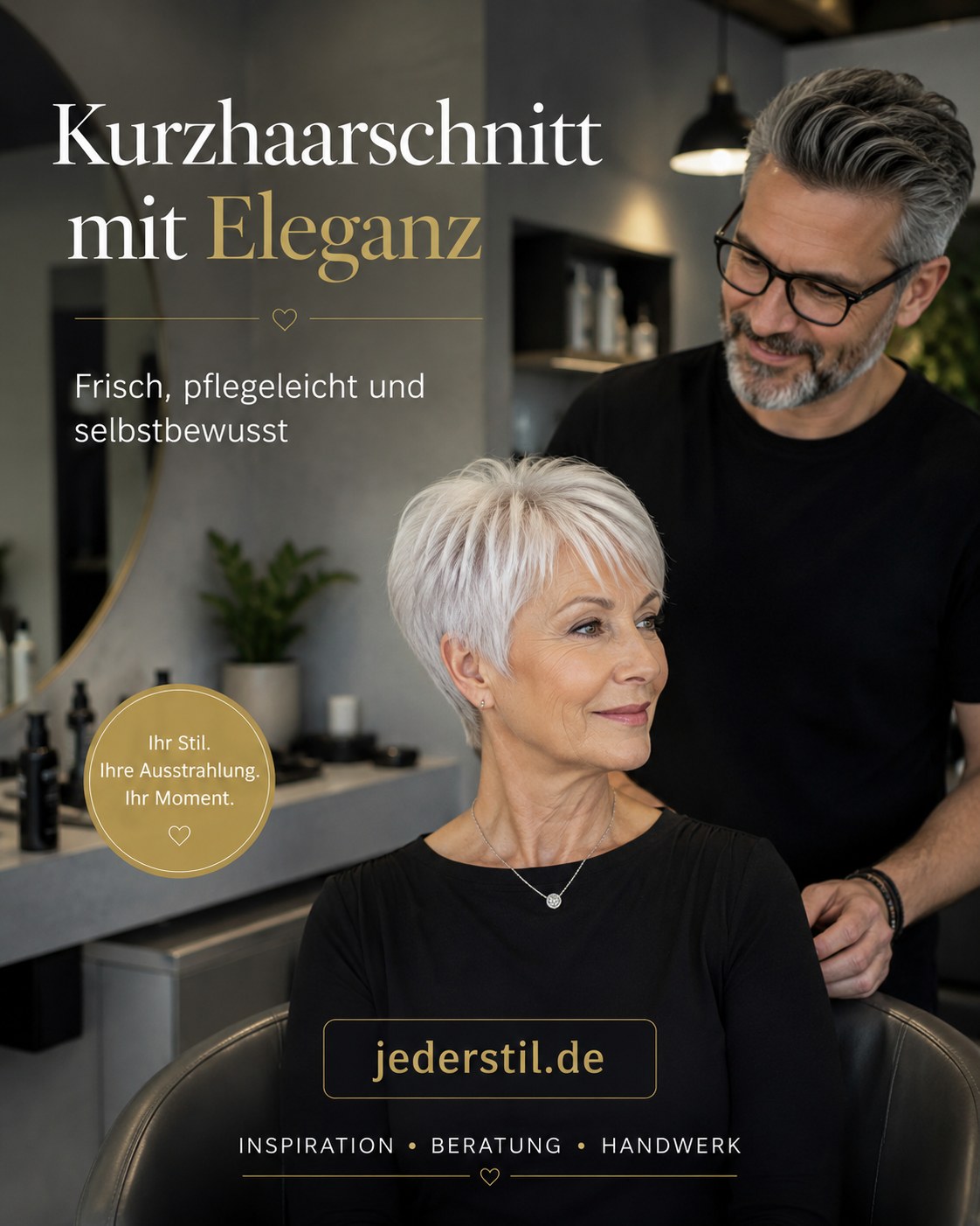 Kurzhaarschnitt mit Eleganz im Salon zeigt pflegeleichte peppige Frisuren ab 50 in Silberton