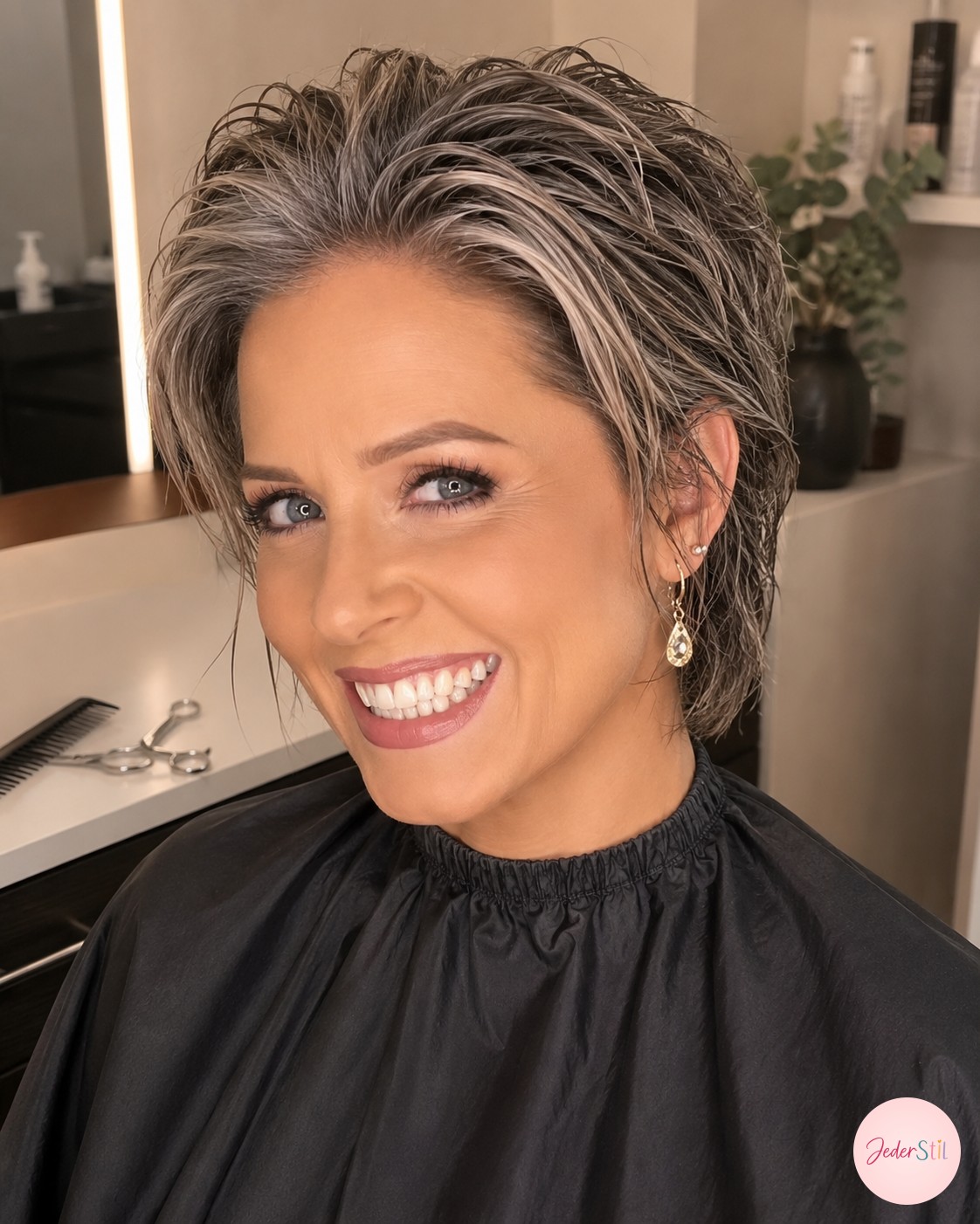 Frisch gewaschenes, silbergraues Haar vor dem Schnitt beim Styling für einen Pixie Bob grau meliert.