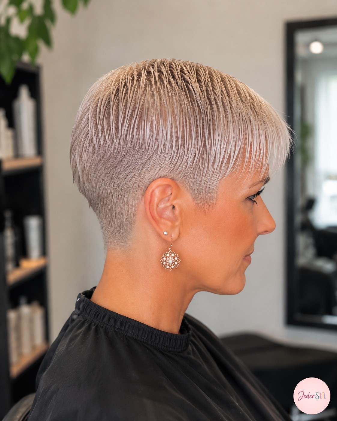 Sektionieren mit Kamm und Clips als erster Schritt zum präzisen Pixie Cut graue Haare.