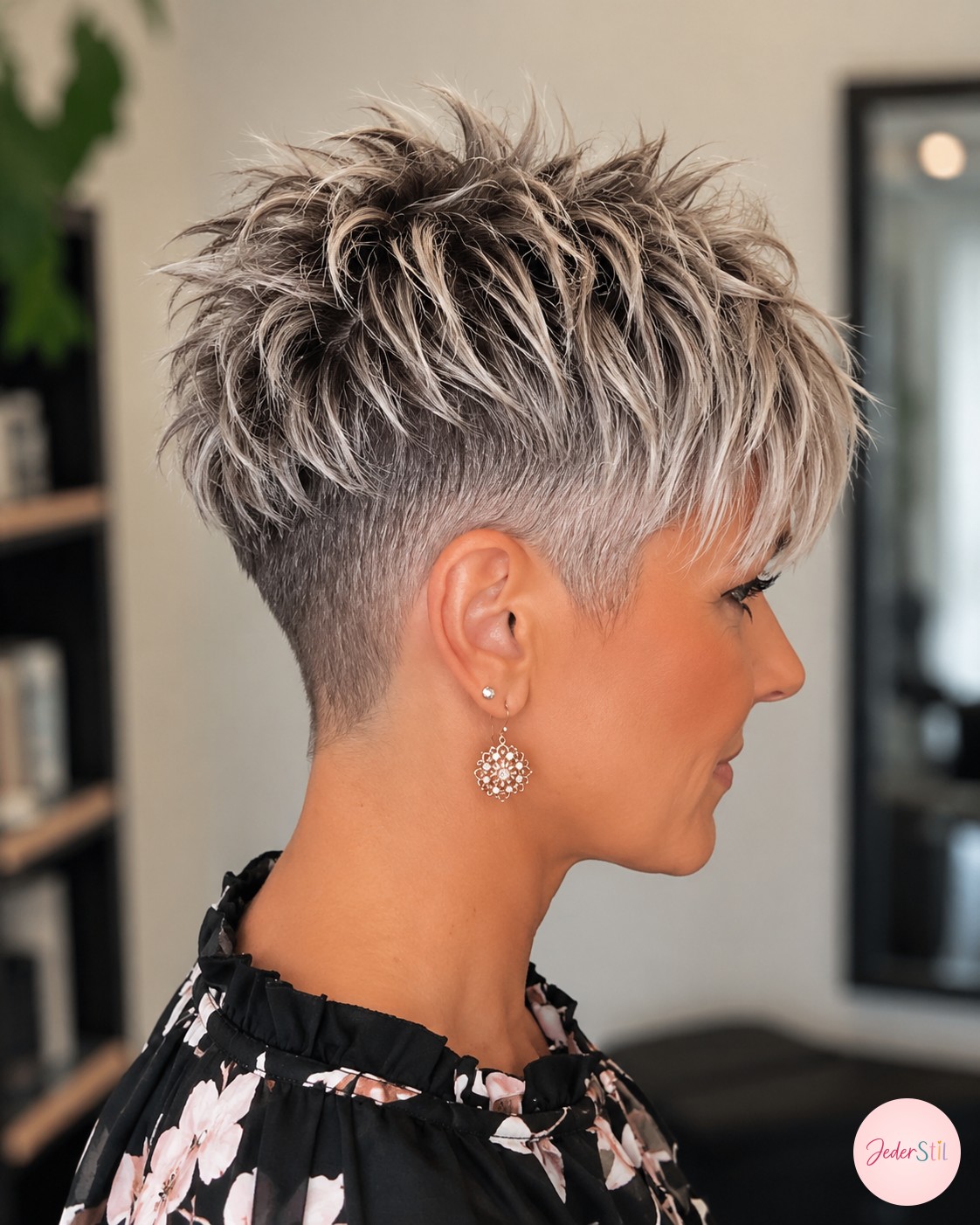 Frisch gewaschenes, nasses Haar vor dem Zuschnitt für den Pixie Cut graue Haare im Salon.