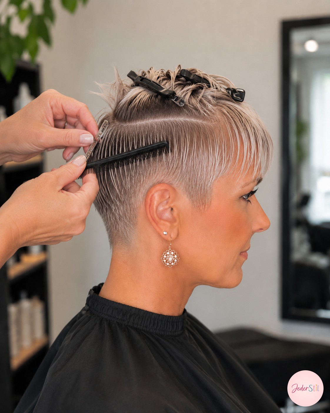 Maschine formt die Undercut-Kontur an Nacken und Seiten für den Pixie Cut graue Haare.