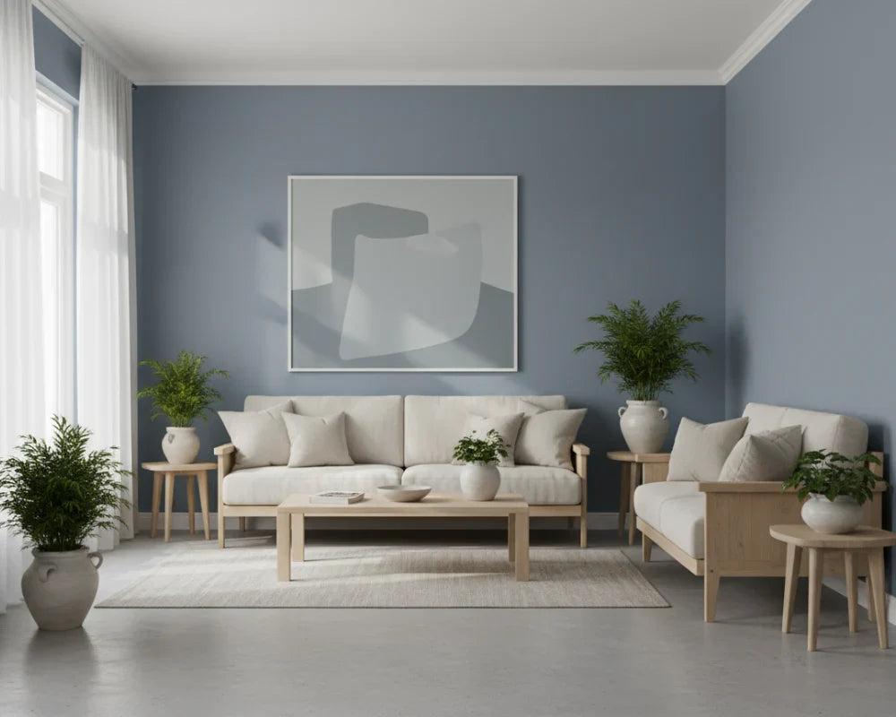Blaues Wohnzimmer mit sanfter Wandfarbe