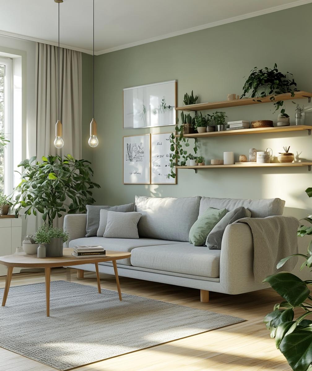 Salbeigrüne Wand im Wohnraum