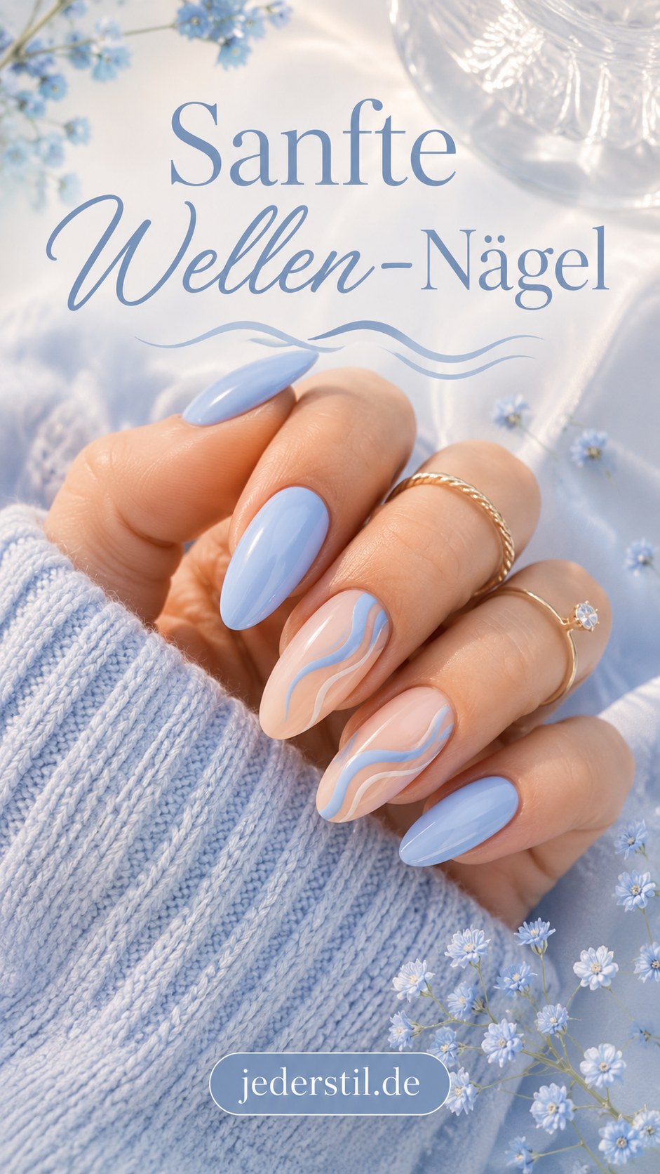 Sanfte Wellen-Nägel im Sommer 2026 in Hellblau und Beige mit fließendem Marmor-Effekt