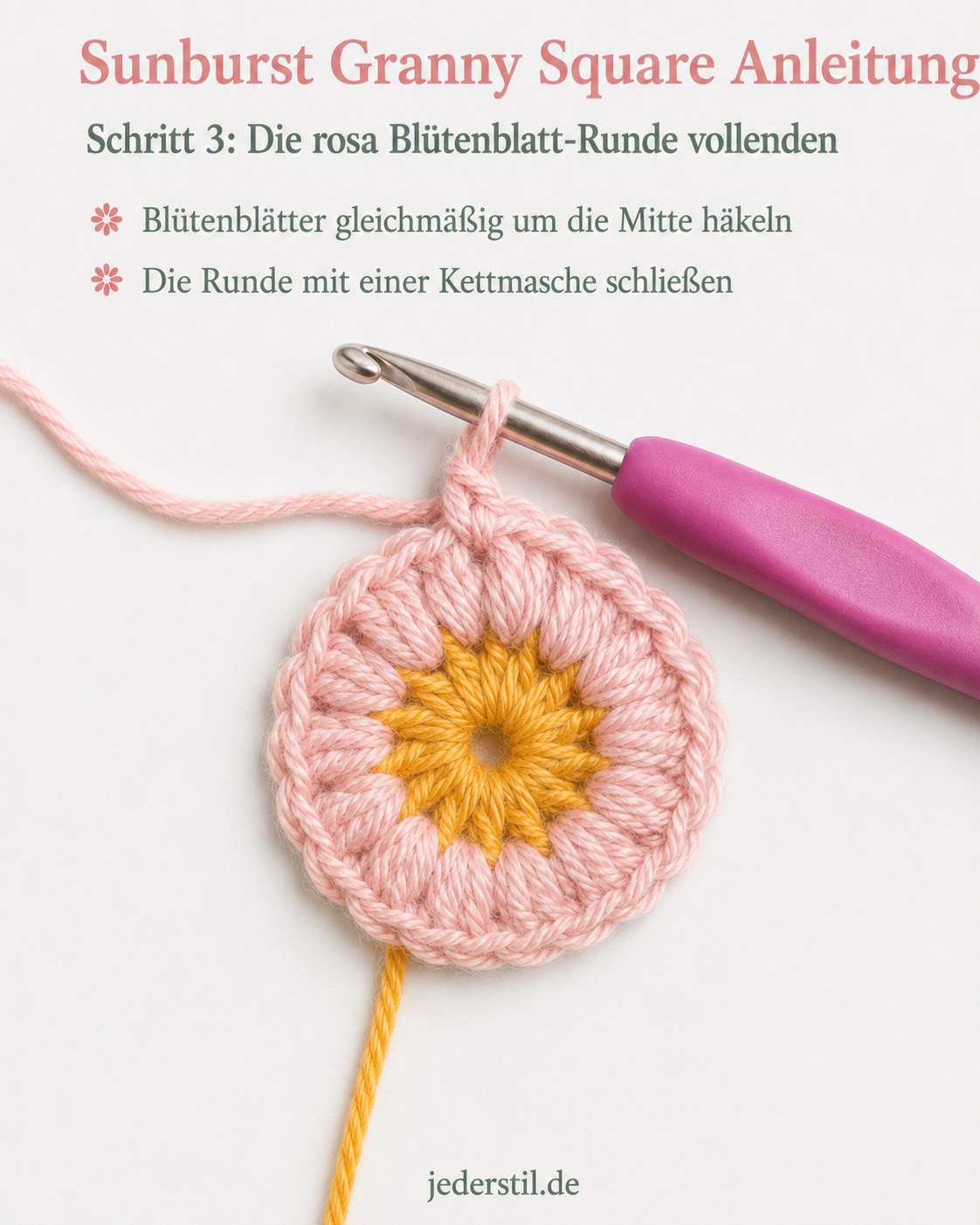 Fertige rosa Blütenblatt-Runde der Sunburst Granny Square Anleitung mit geschlossener Kettmasche