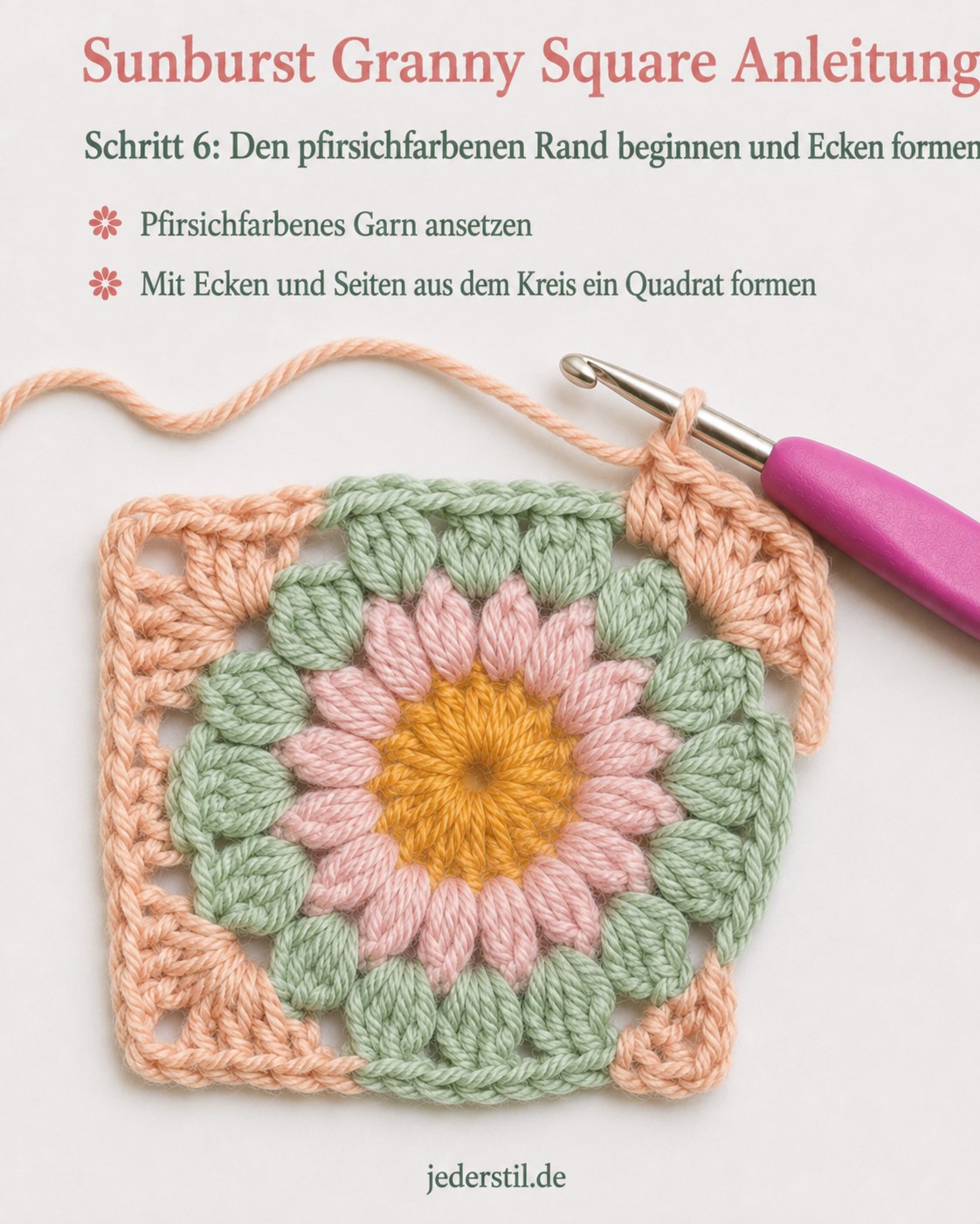 Pfirsichfarbener Rand formt bei der Sunburst Granny Square Anleitung erste Ecken aus dem Kreis