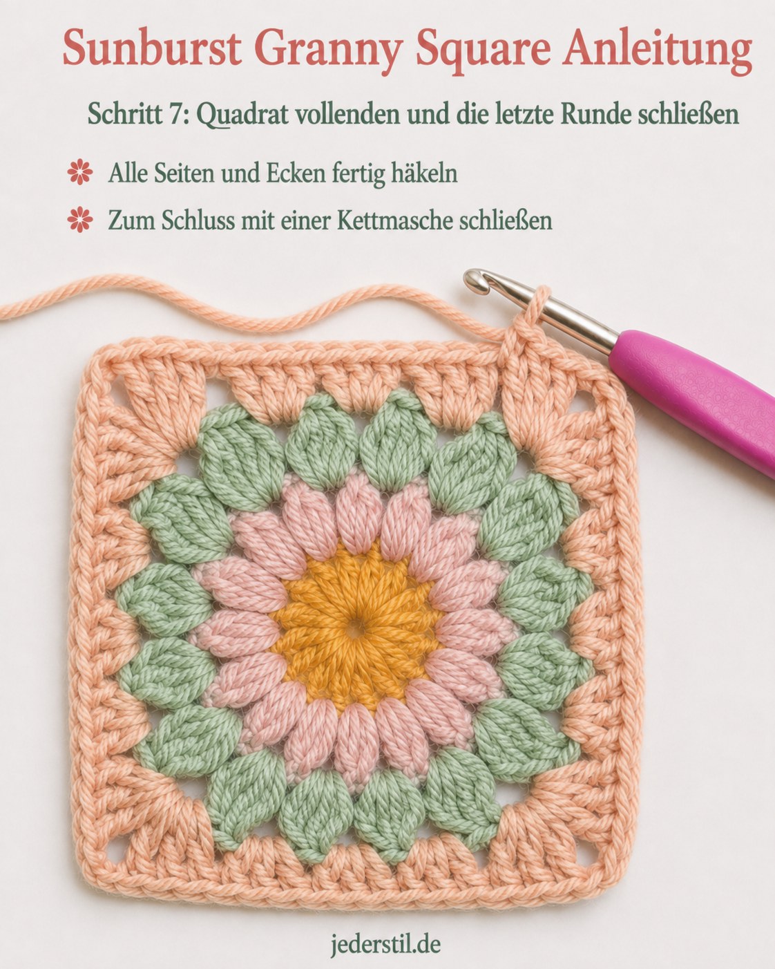 Fast fertiges Quadrat der Sunburst Granny Square Anleitung kurz vor der letzten Kettmasche