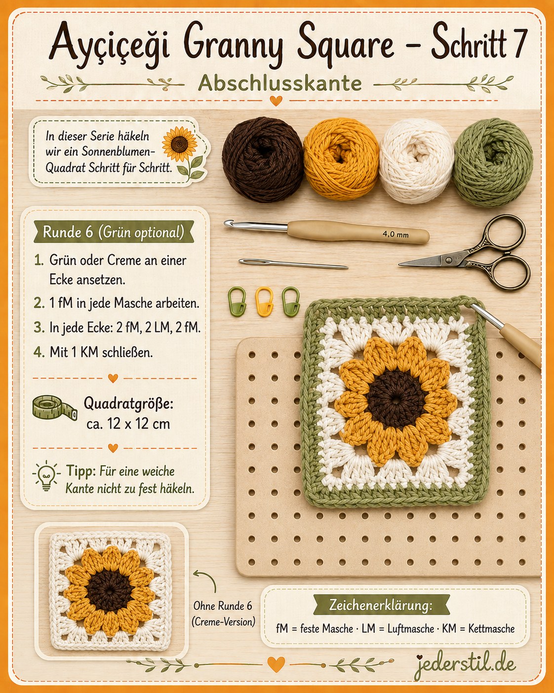 Grüne Abschlusskante der letzten Runde beim Sunflower Granny Square häkeln