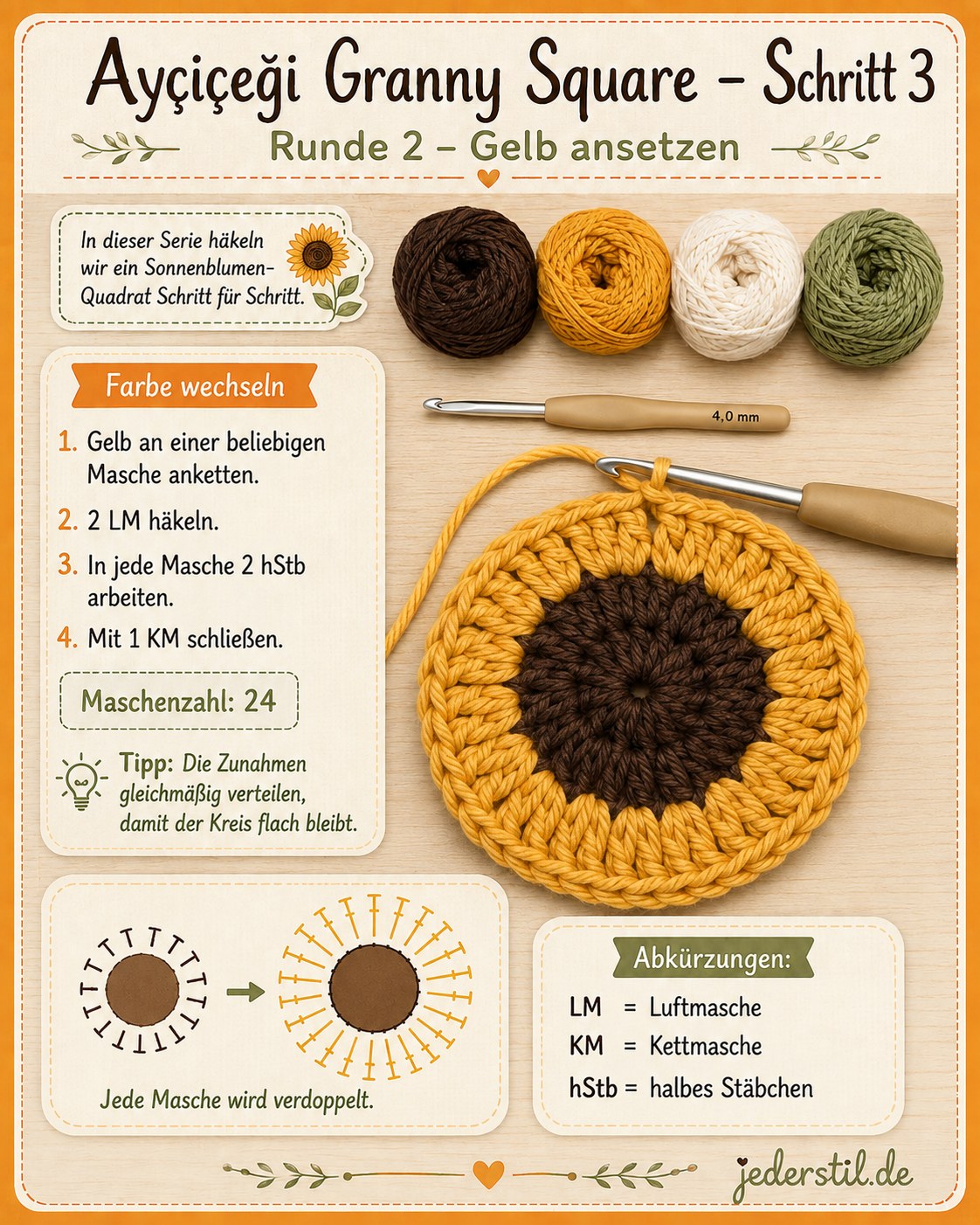 Gelbe zweite Runde beim Sunflower Granny Square häkeln, Maschen verdoppelt auf 24