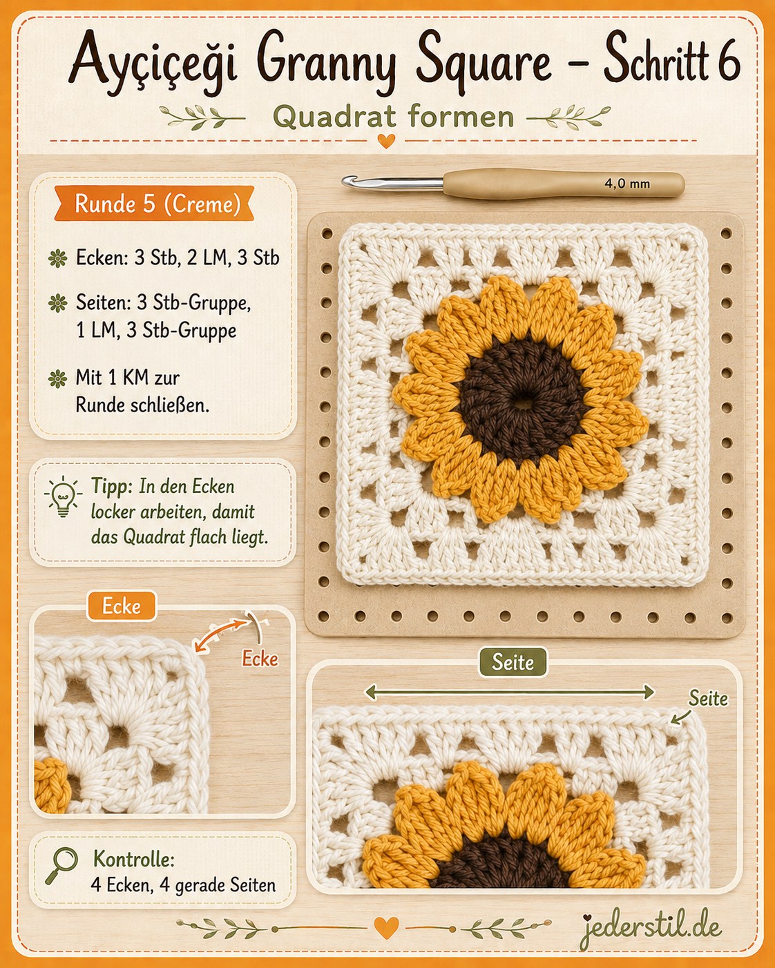 Fertig geformtes Quadrat mit vier geraden Seiten nach Runde 5 des Granny Squares