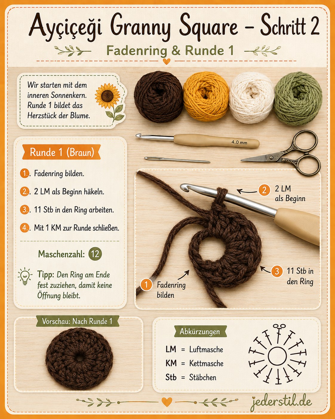 Fadenring und erste braune Runde beim Sunflower Granny Square häkeln mit 11 Stäbchen im Ring