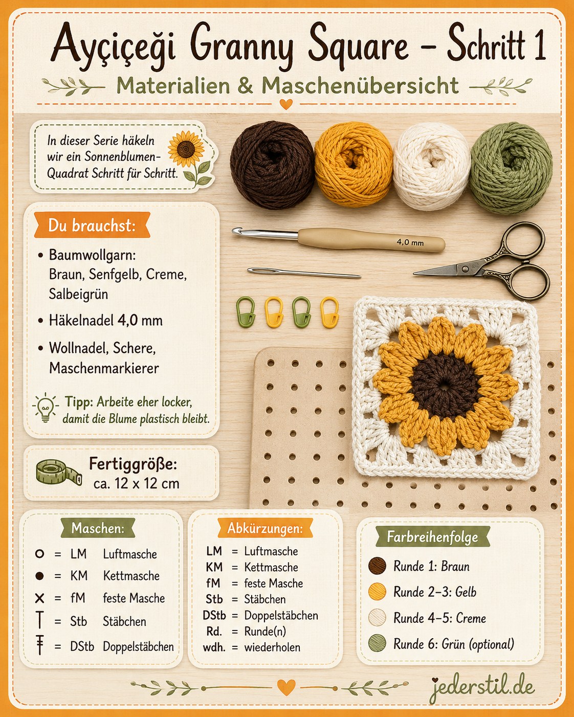 Materialien und Maschenübersicht zum Sunflower Granny Square häkeln mit Garn in Braun, Gelb, Creme und Grün