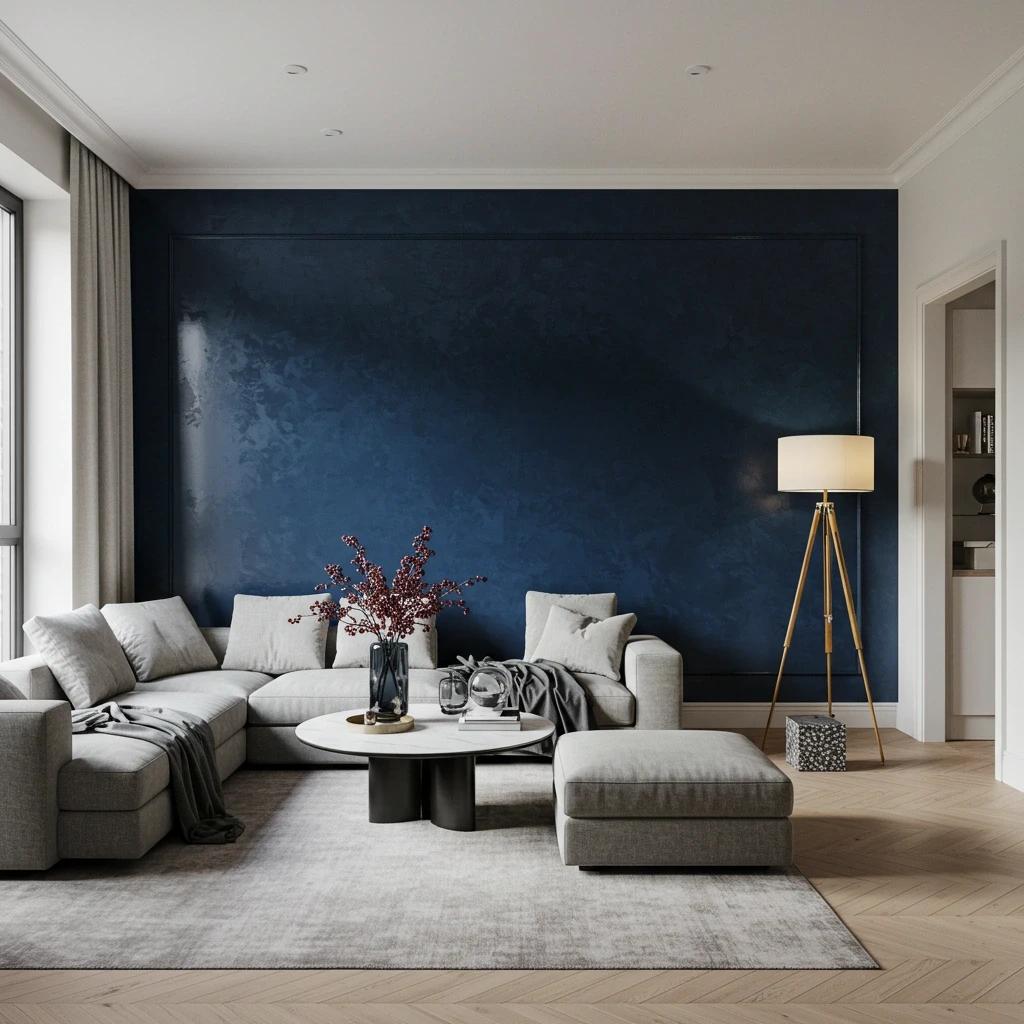 Dunkelblaue Akzentwand Wohnzimmer