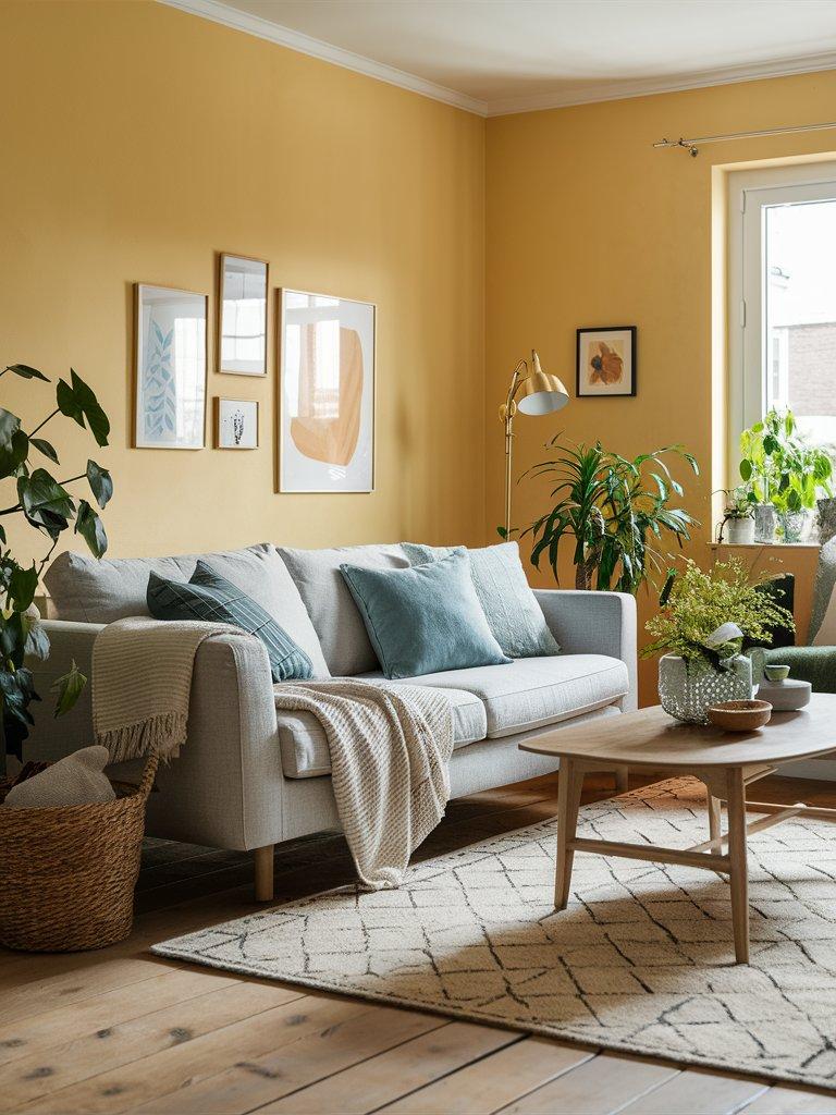 Wohnzimmer mit warmer gelber Wand