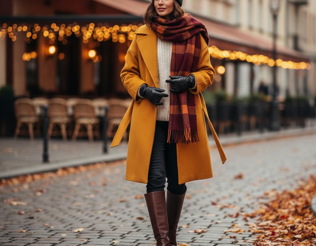 Dame mit Mantel und Schal im Herbst