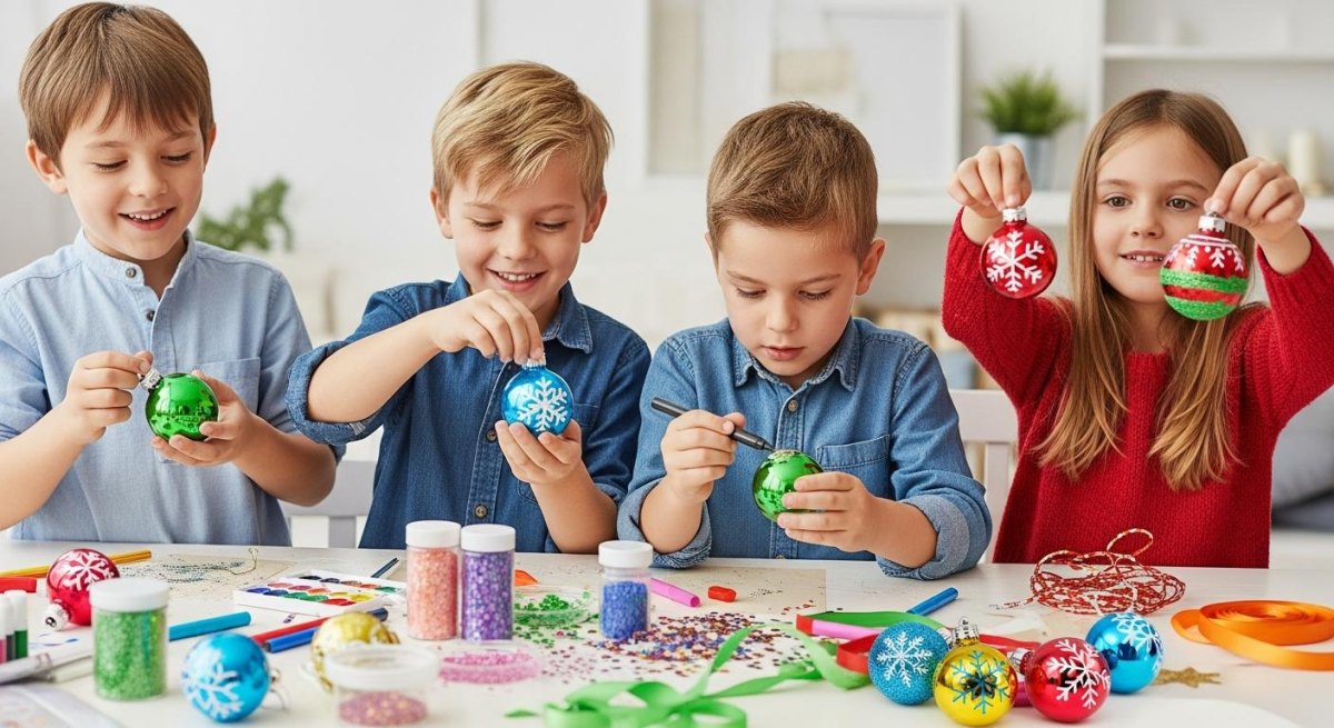 Kinder verzieren Weihnachtskugeln