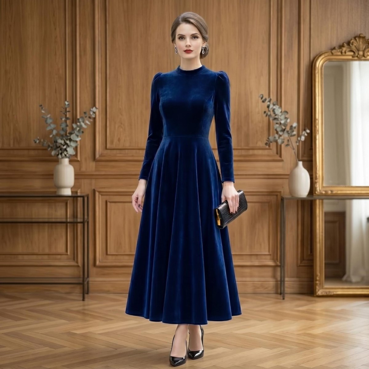 Festliches Samtkleid in dunklem Grün für eine Winterhochzeit